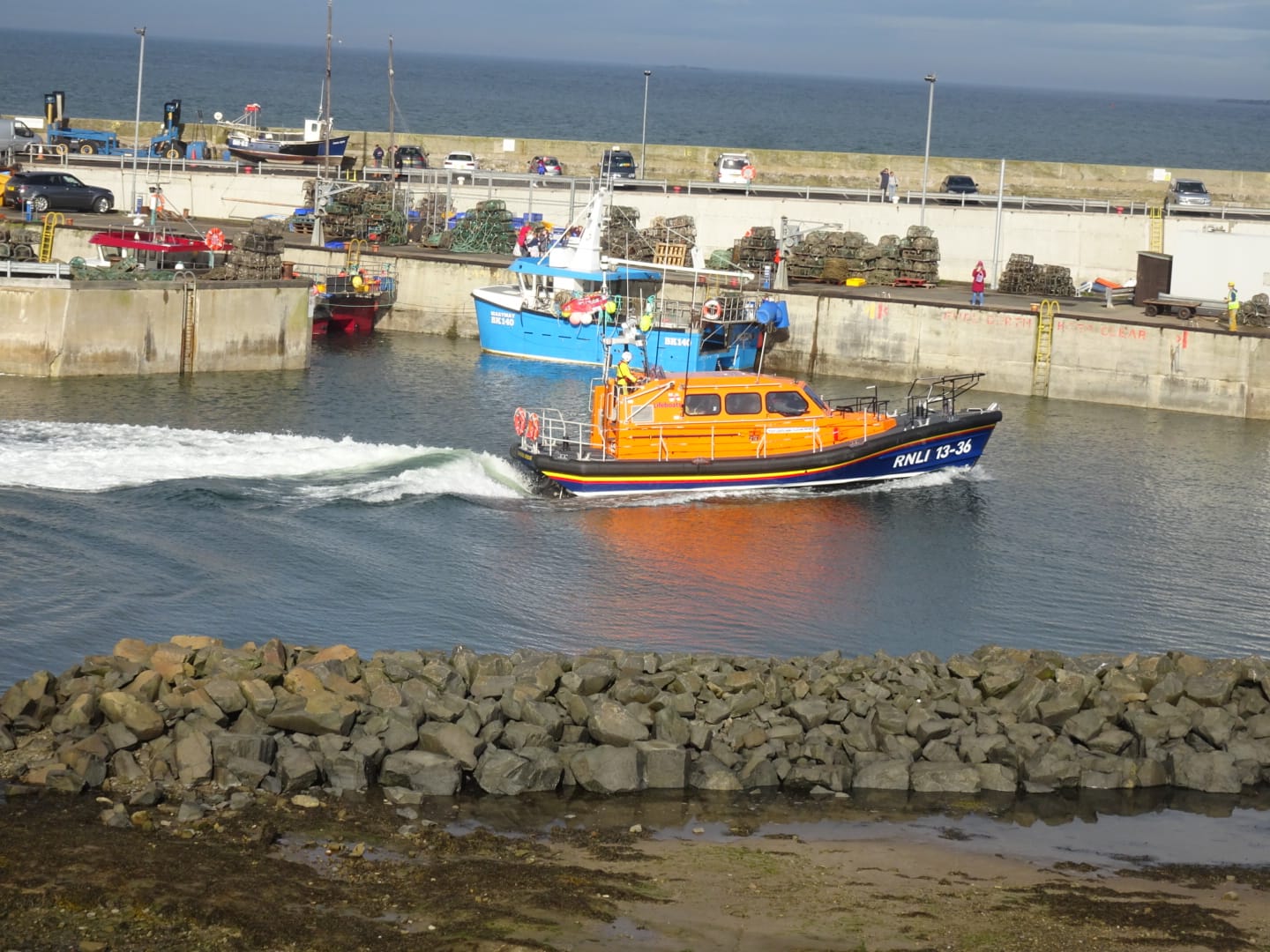Seahouses Shannon Class Lifeboat RNLB John and Elizabeth Allan launching on service