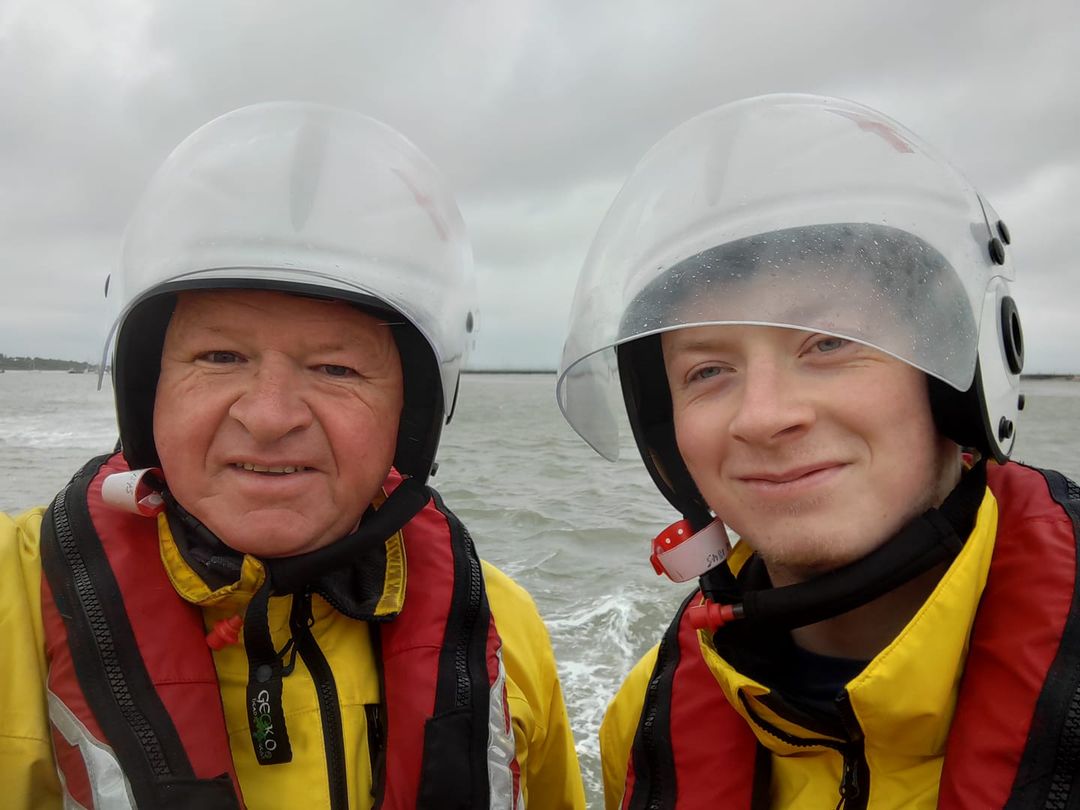 Proud dad, 2nd Coxswain Clive Hancock with son Reece on their first 'father and son' shout together.