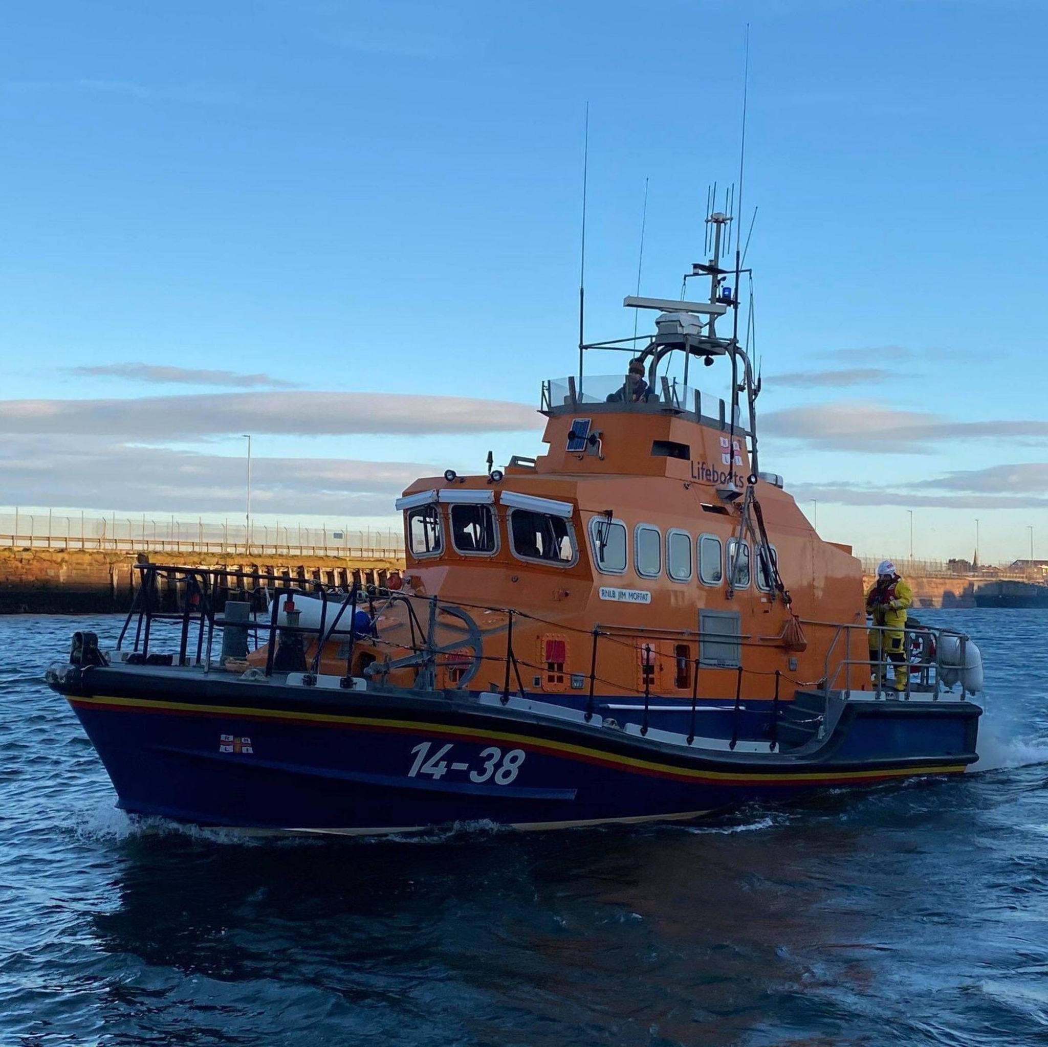 Troon RNLI all-weather lifeboat RNLB Jim Moffat launching from the lifeboat berth