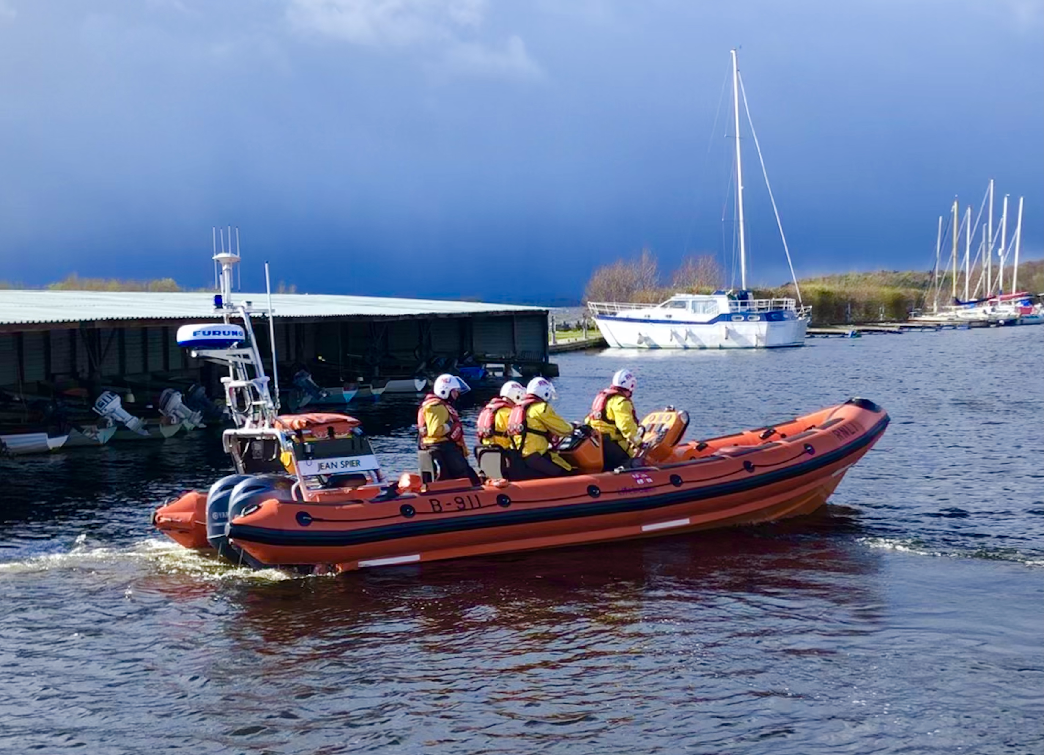 RNLI Lifeboat 'Jean Spier' launching with four crew on board