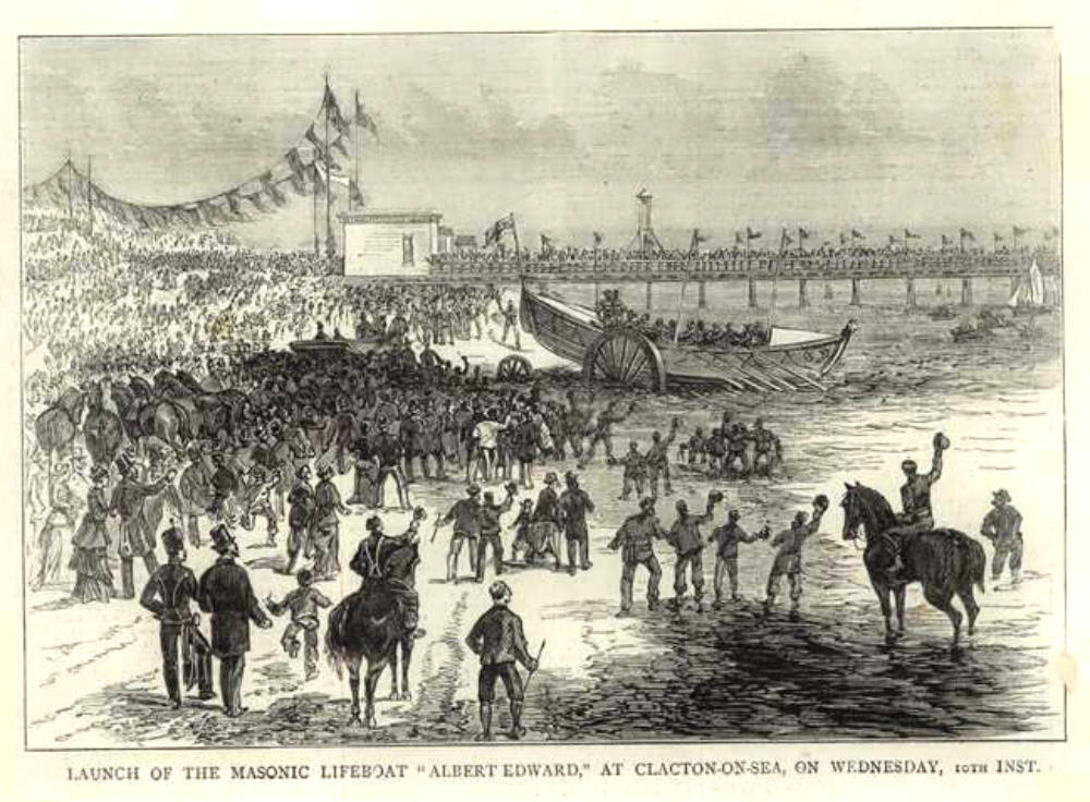 Illustration of Clacton's first lifeboat 'Albert Edward' launching in 1878