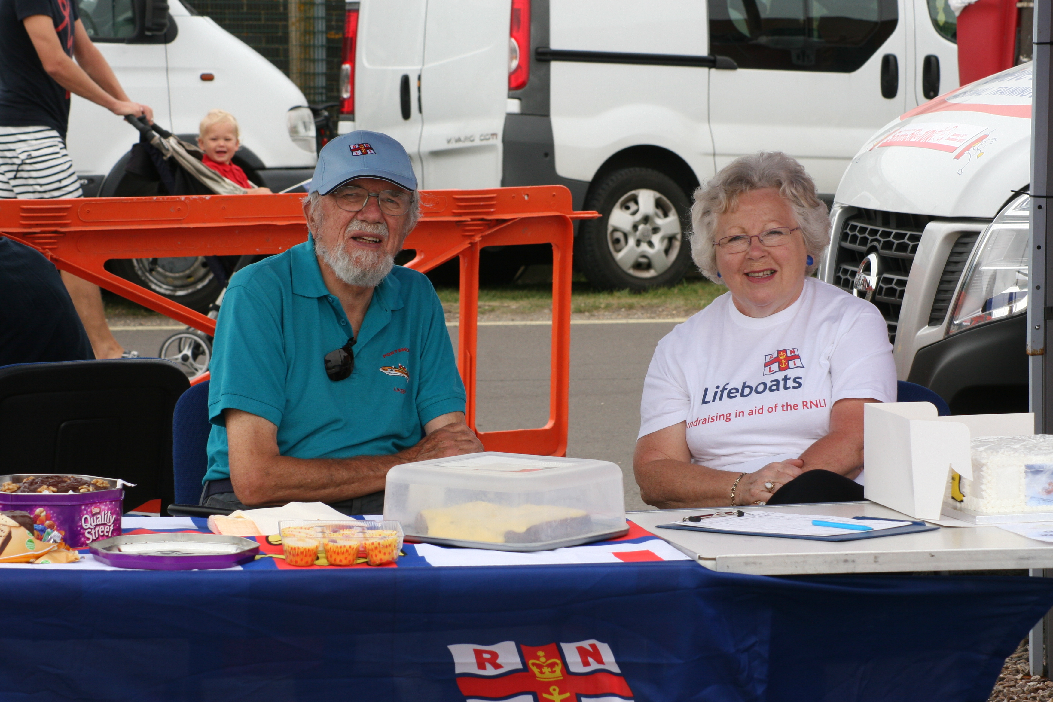 Frank Warren, who made a donation towards Portsmouth's previous D class lifeboat D554 Heyland II, and Marilyn Bass fundraising at Portsmouth Lifeboat Station