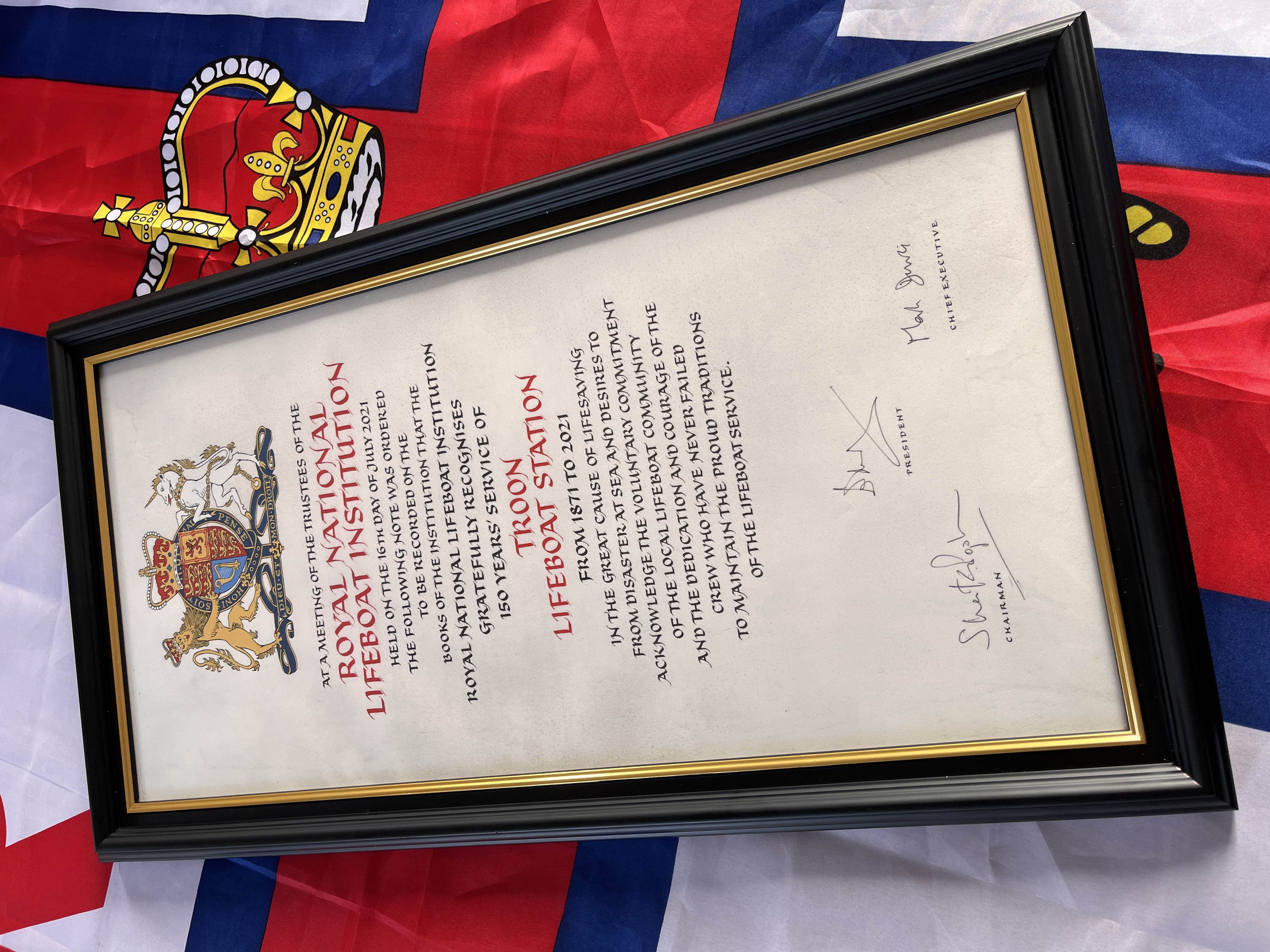 The 150th anniversary Vellum presented to Troon RNLI lifeboat station
