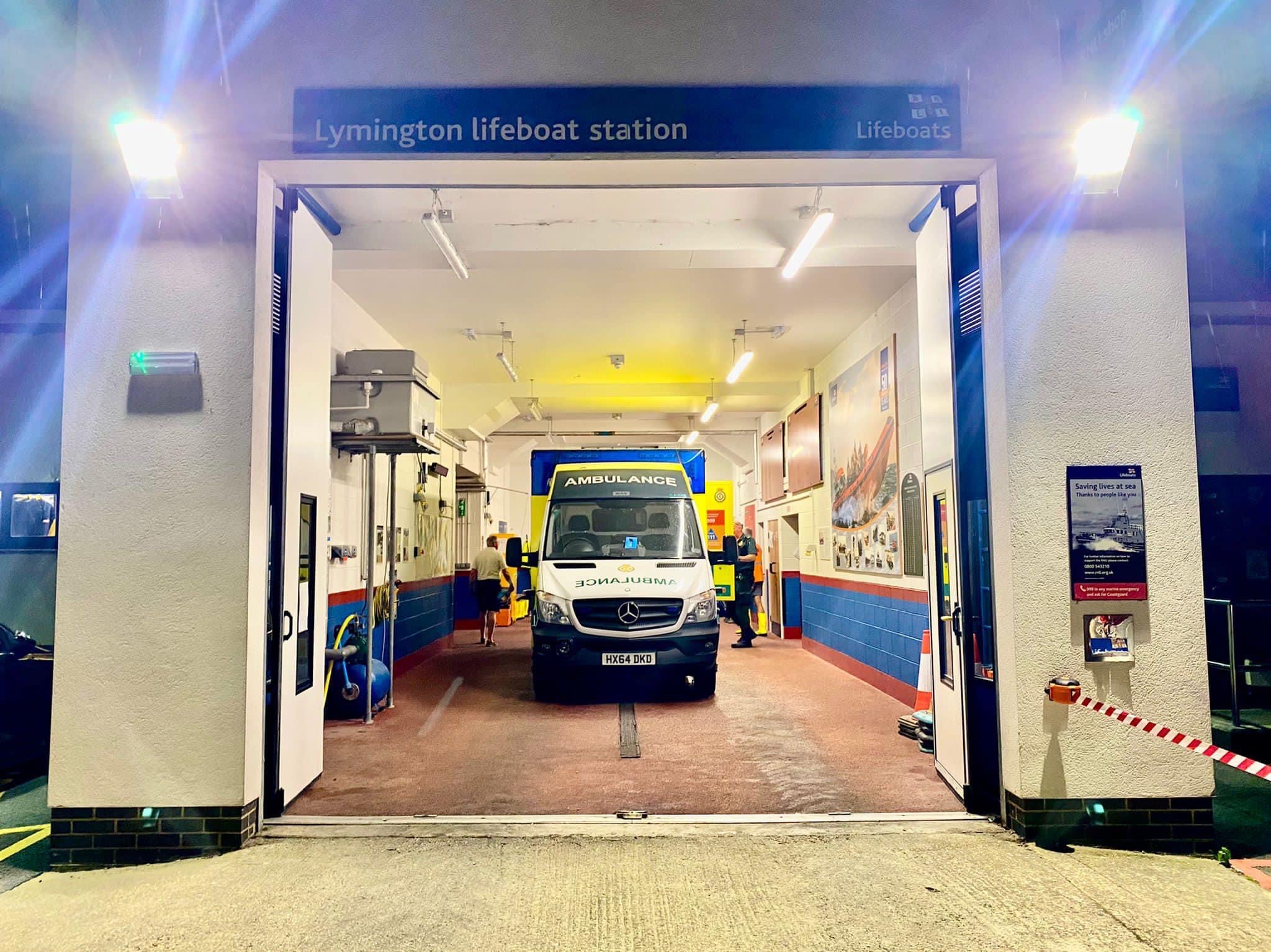 Ambulance inside Lymington lifeboat station