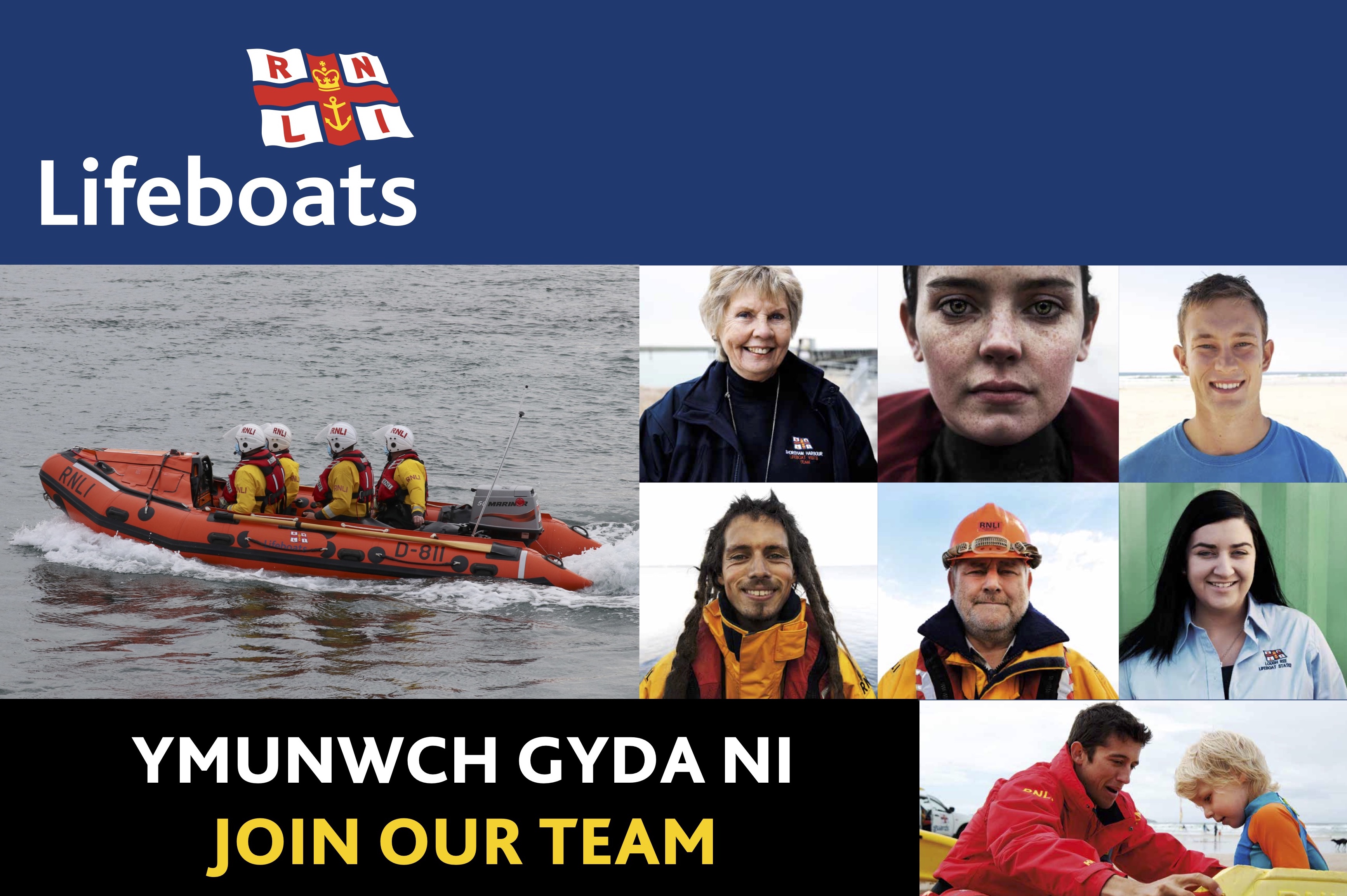 A poster shot with multiple photos of different people and an inshore lifeboat.