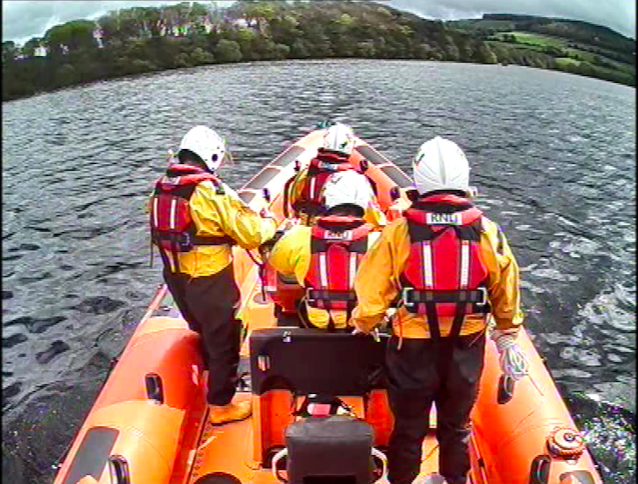 View from the A-frame, 4 volunteer crew looking forwards towards the casualty vessel