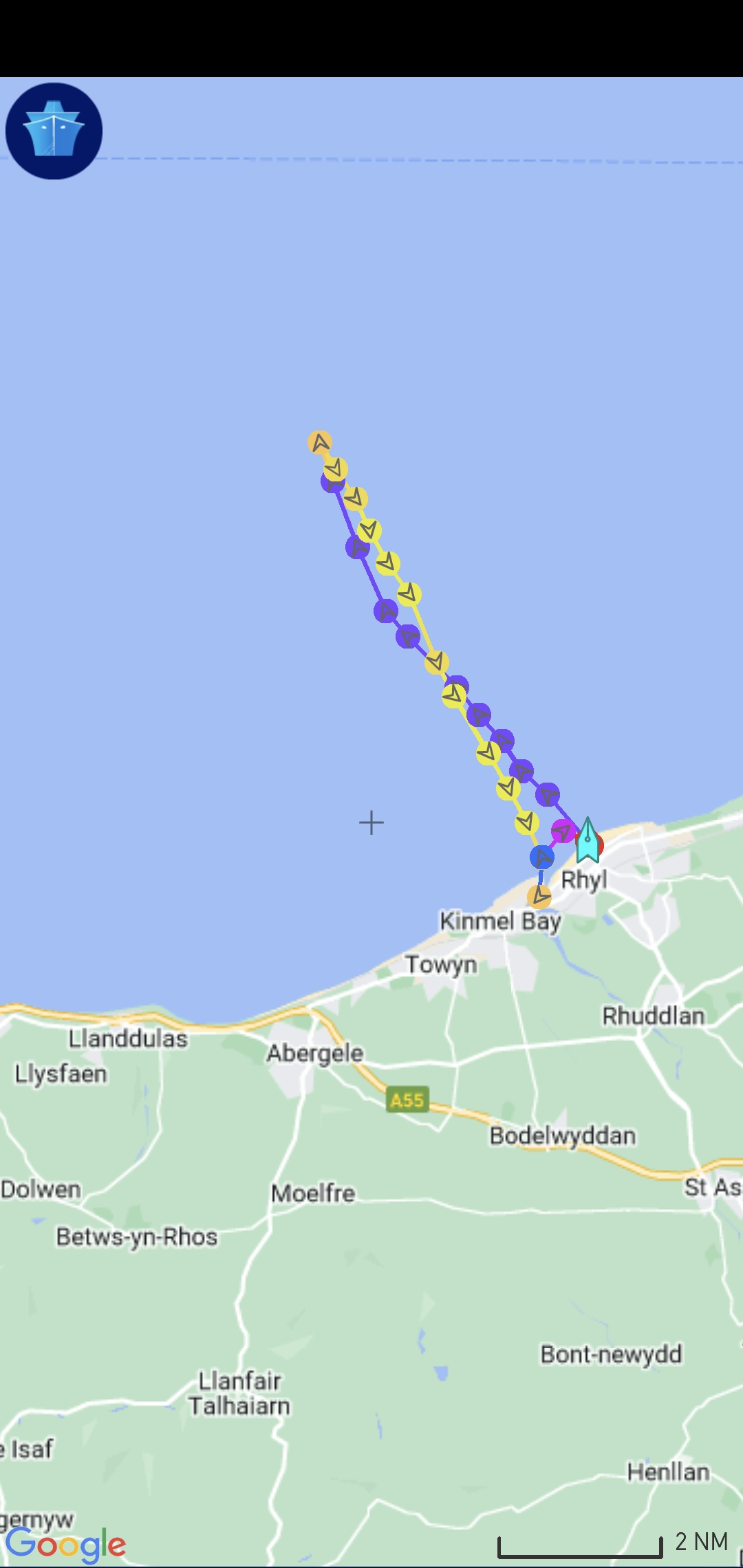 track of all-weather Rhyl lifeboat to broken down boat