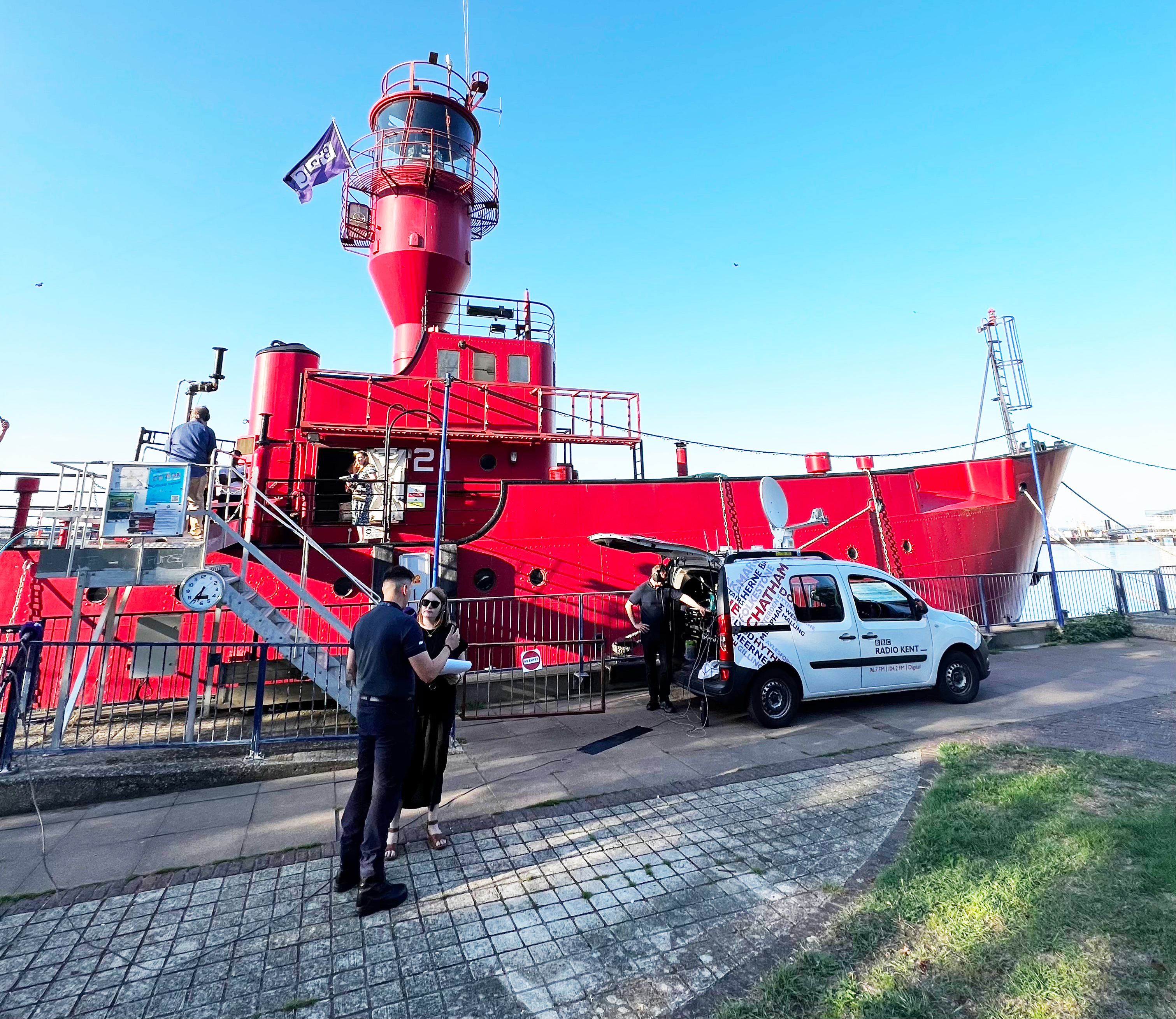 Interview taking place at outside the big red ship, LV21 in Gravesend