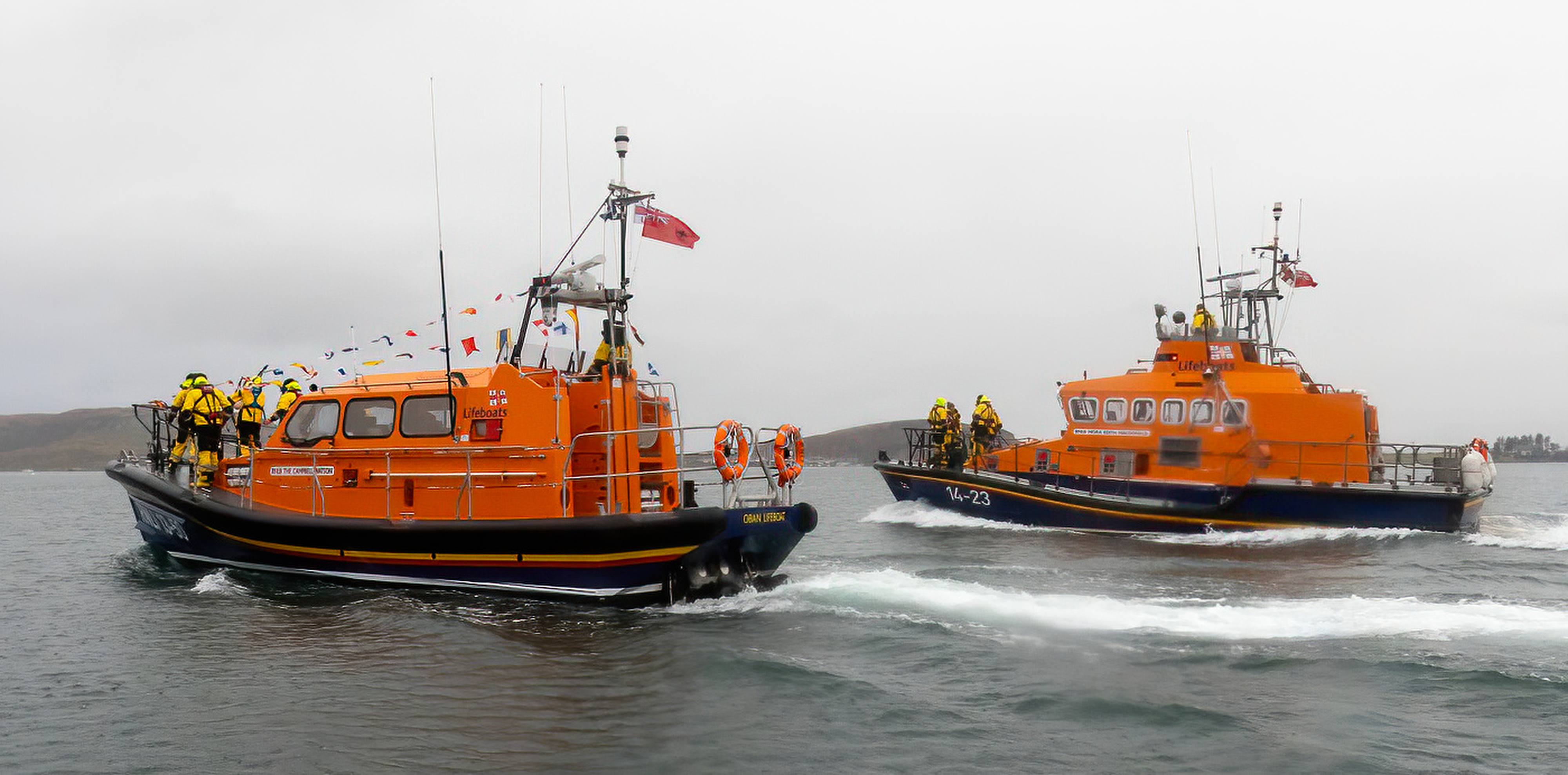 The Trent class lifeboat sailing alongside the new Shannon class.