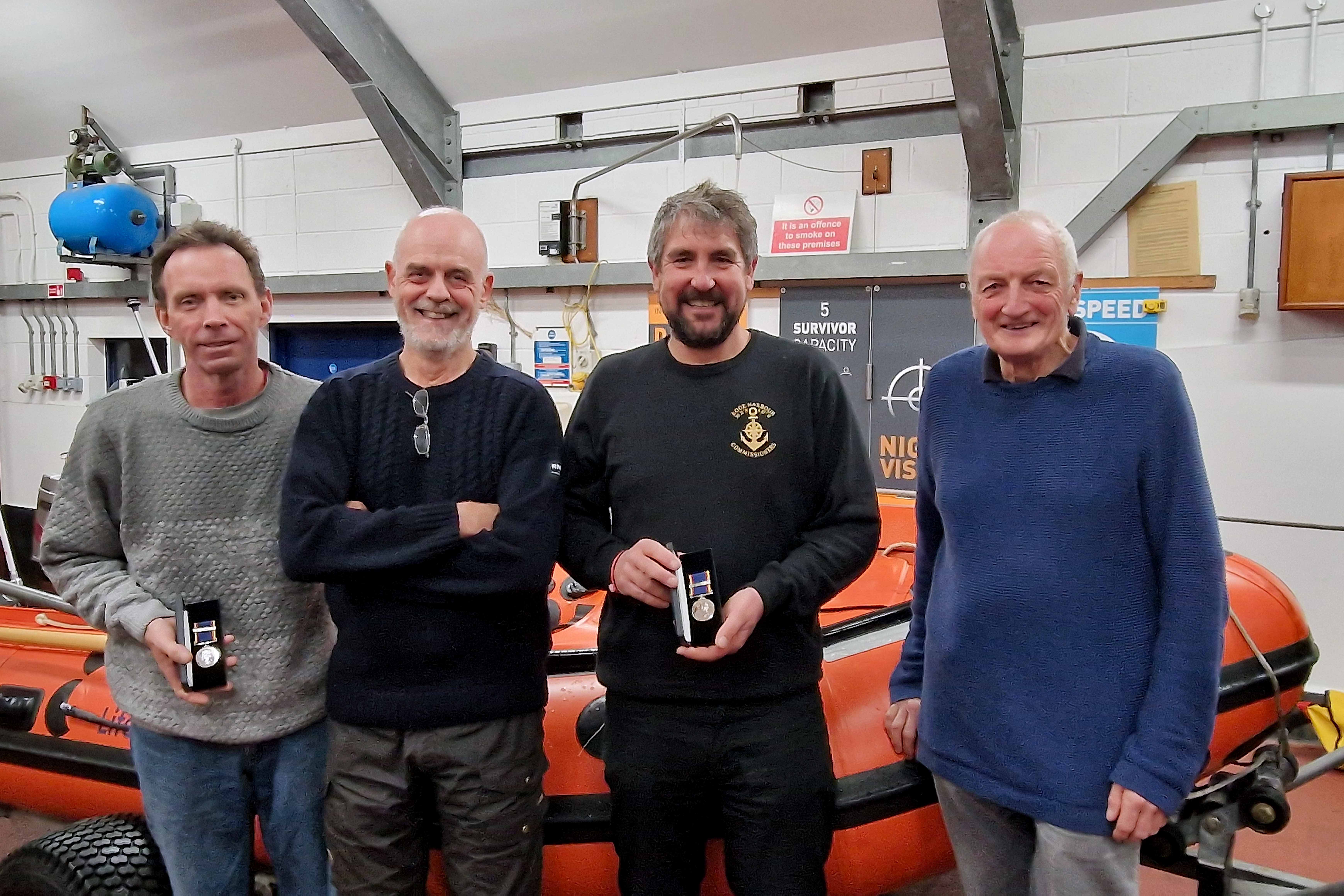 Long service medal presentation to Brian Bowdler and David Jackman Left to right Brian Bowdler, Nick Pope, David Jackman and David Haines