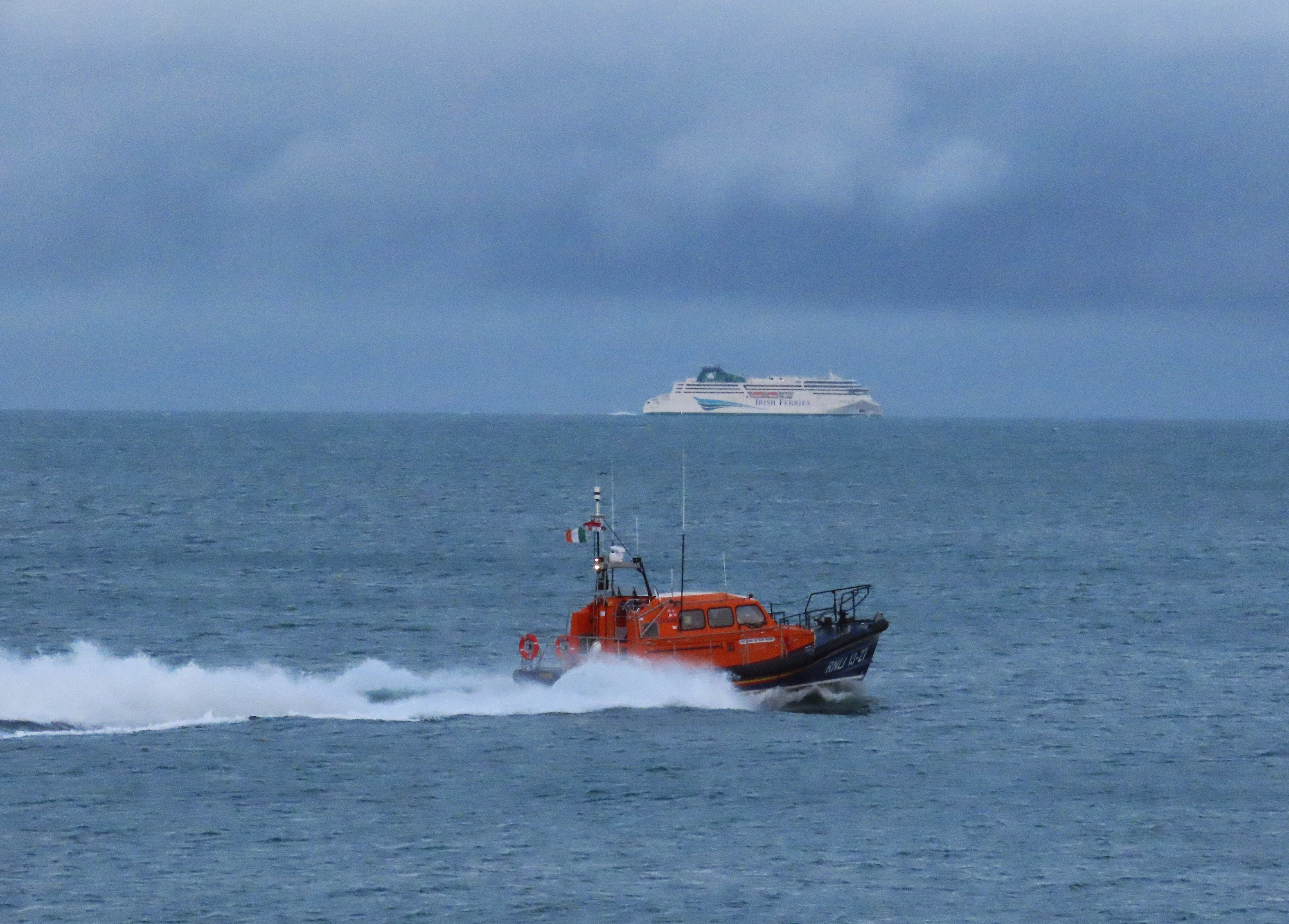 Wicklow RNLI all-weather lifeboat launching to assist fishermen