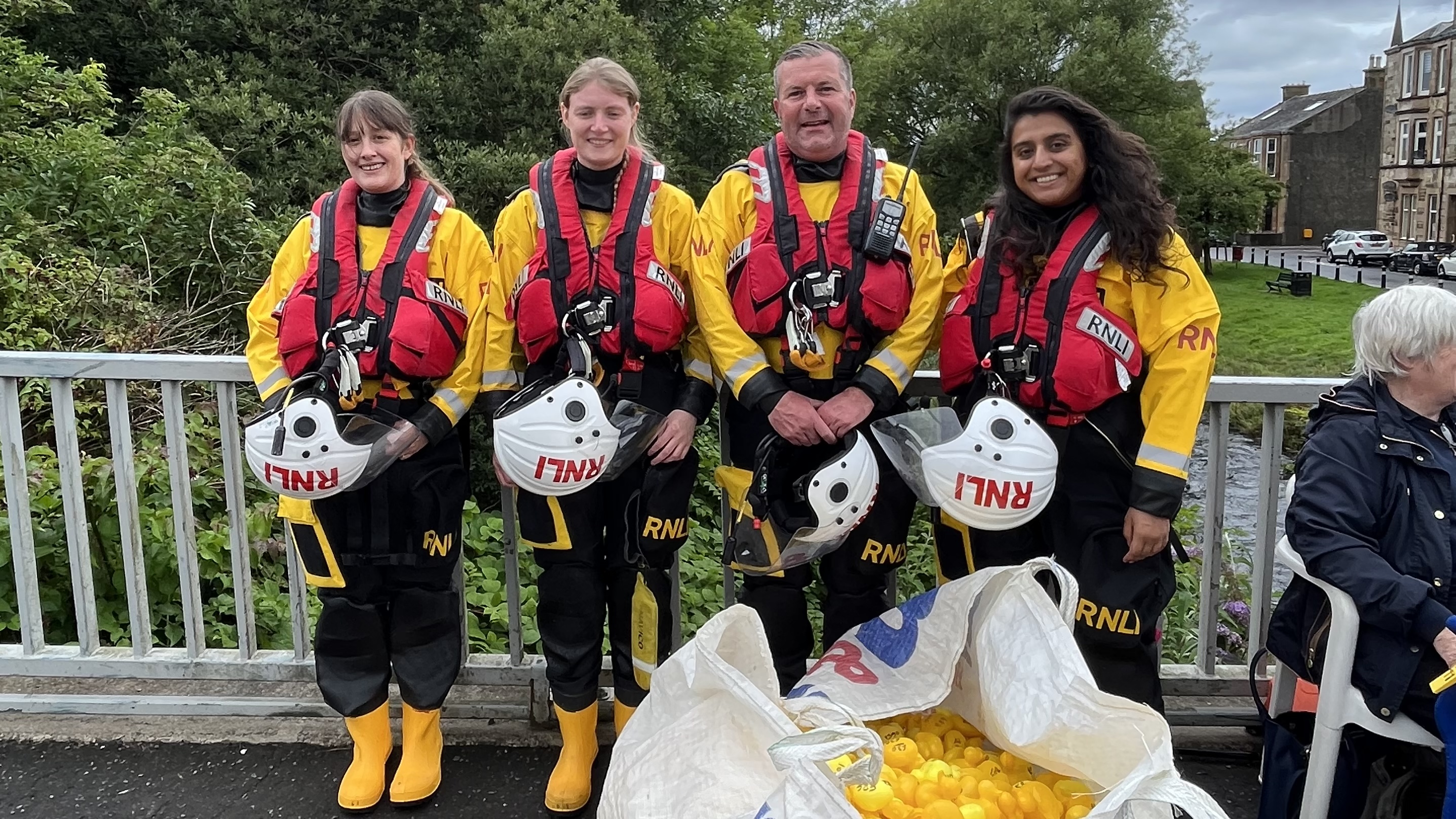 Volunteer crew members with the ducks