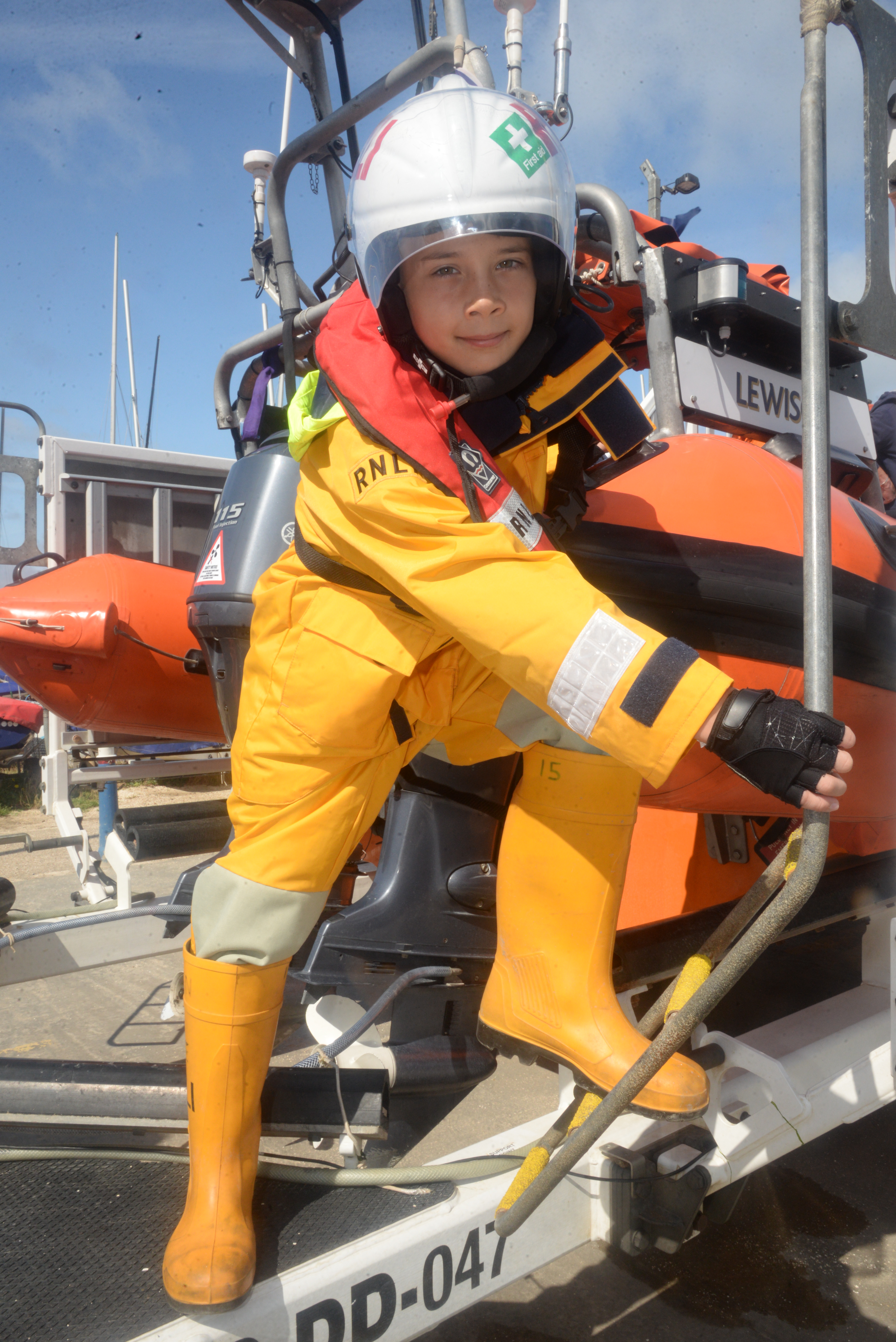 Bobby Willoughby, 10, all kitted up to join the lifeboat. 