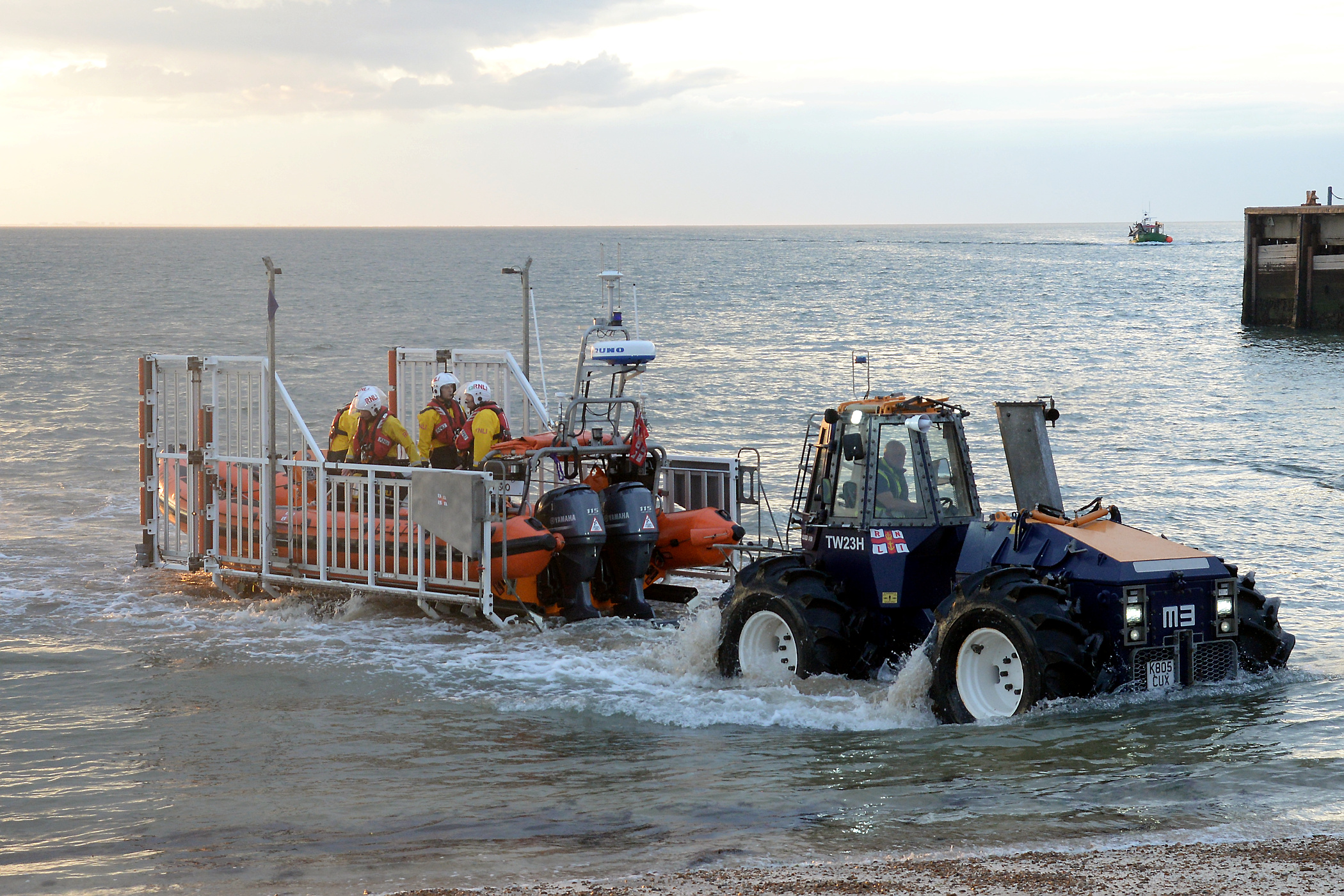 The Whitstable Atlantic 85 Lifeboat Lewisco returns to station following the search of The Swale for a missing kayaker on Tuesday evening