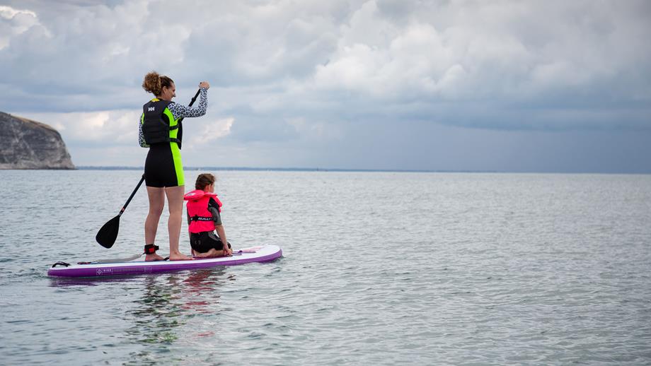 Paddleboarders showing suitable safety equipment on water.