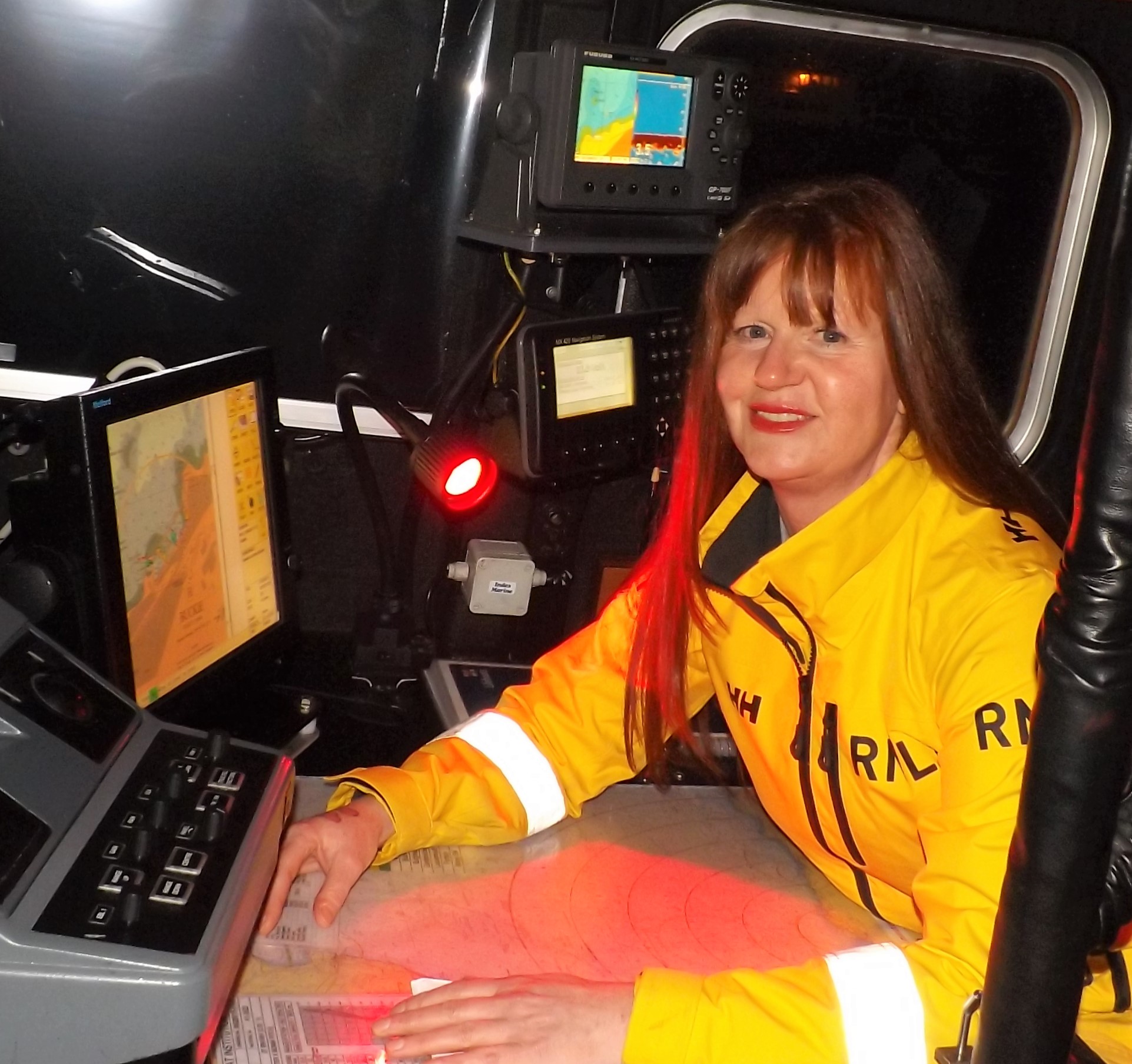 Way to go! Louise Cooper at her navigator’s station on board the RNLI’s Buckie Lifeboat