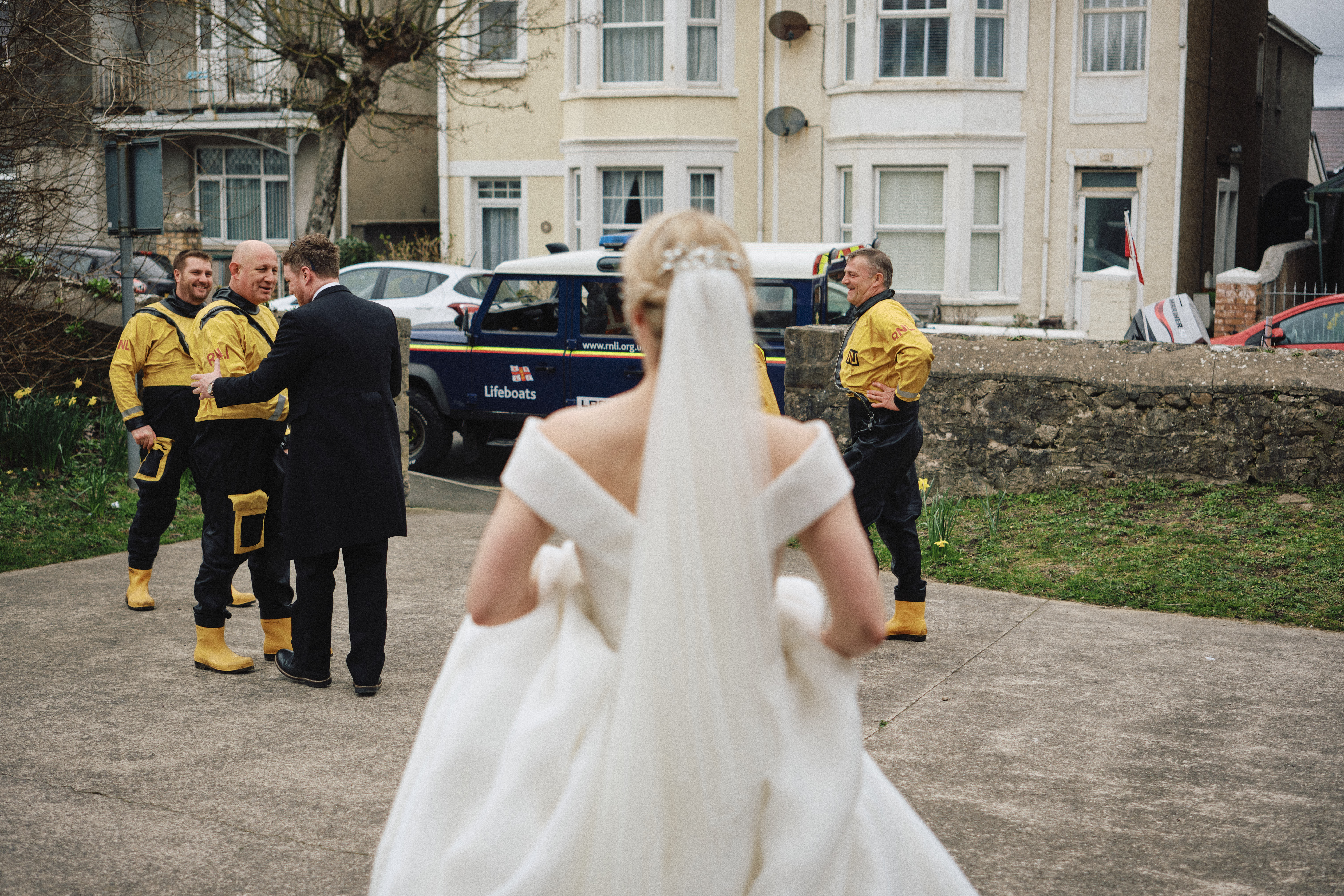 Newly married couple, Reverend Mark Broadway and Jessie Broadway with the lifeboat crew