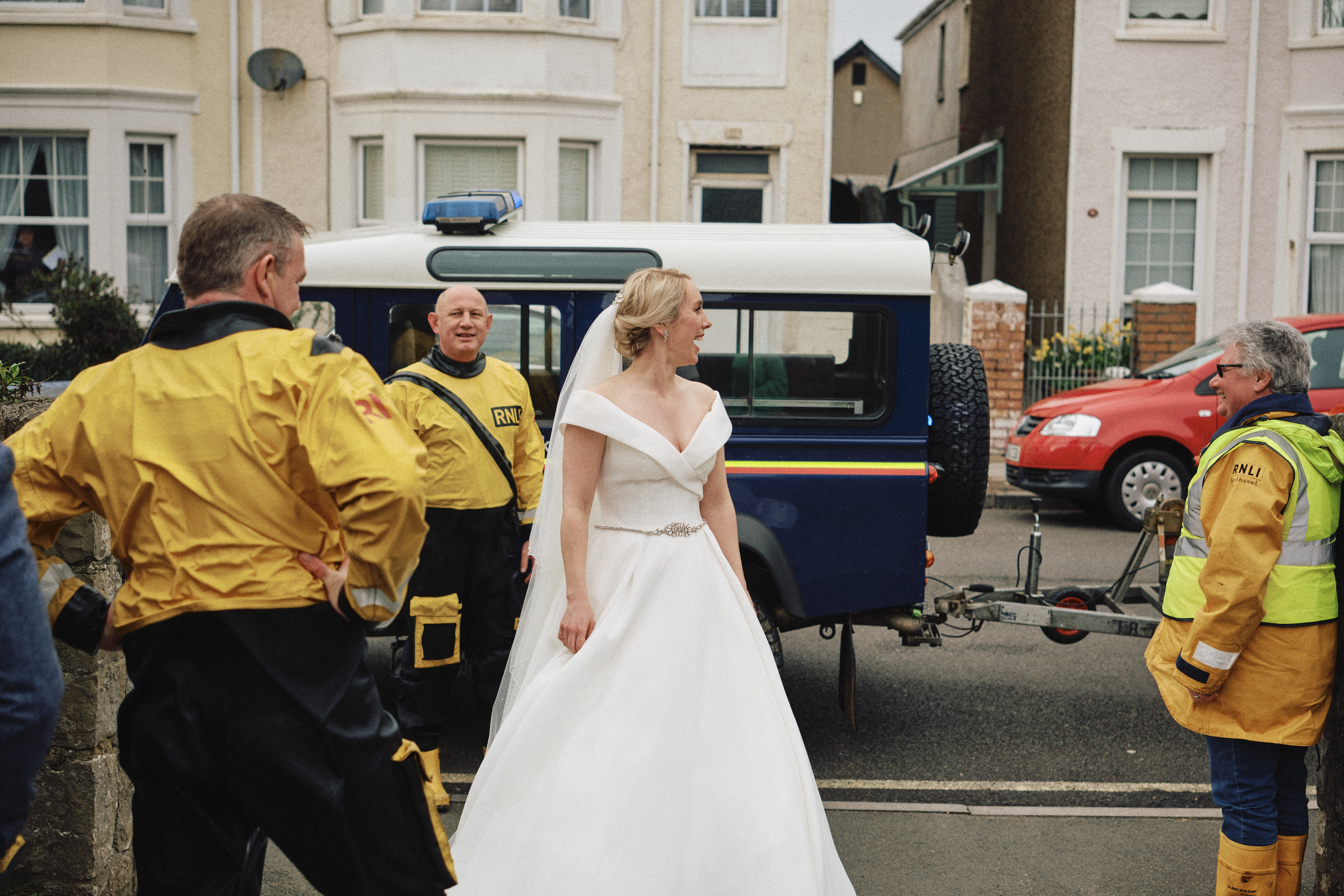 Newly married couple, Reverend Mark Broadway and Jessie Broadway with the lifeboat crew
