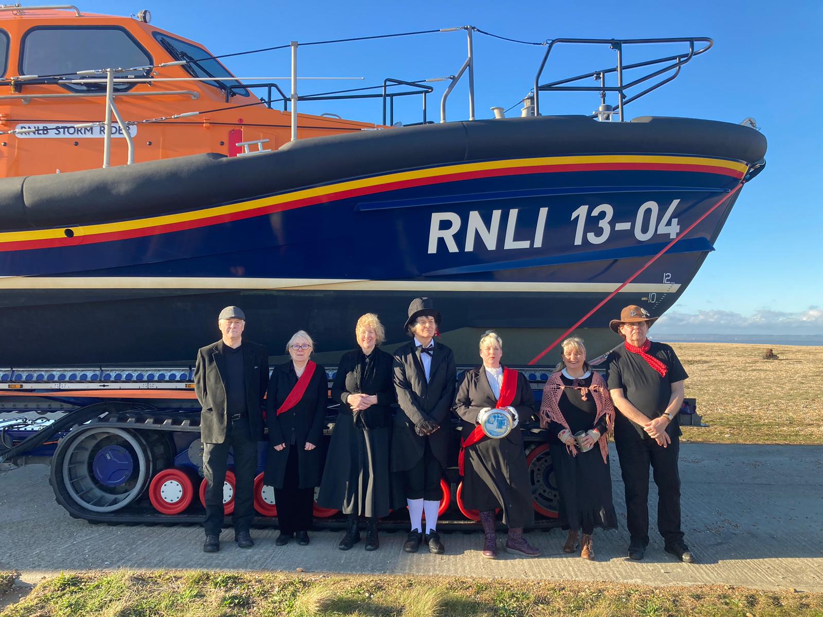 'The Sinking of the Northfleet' Cast in front of Dungeness's Shannon class lifeboat The Morell.