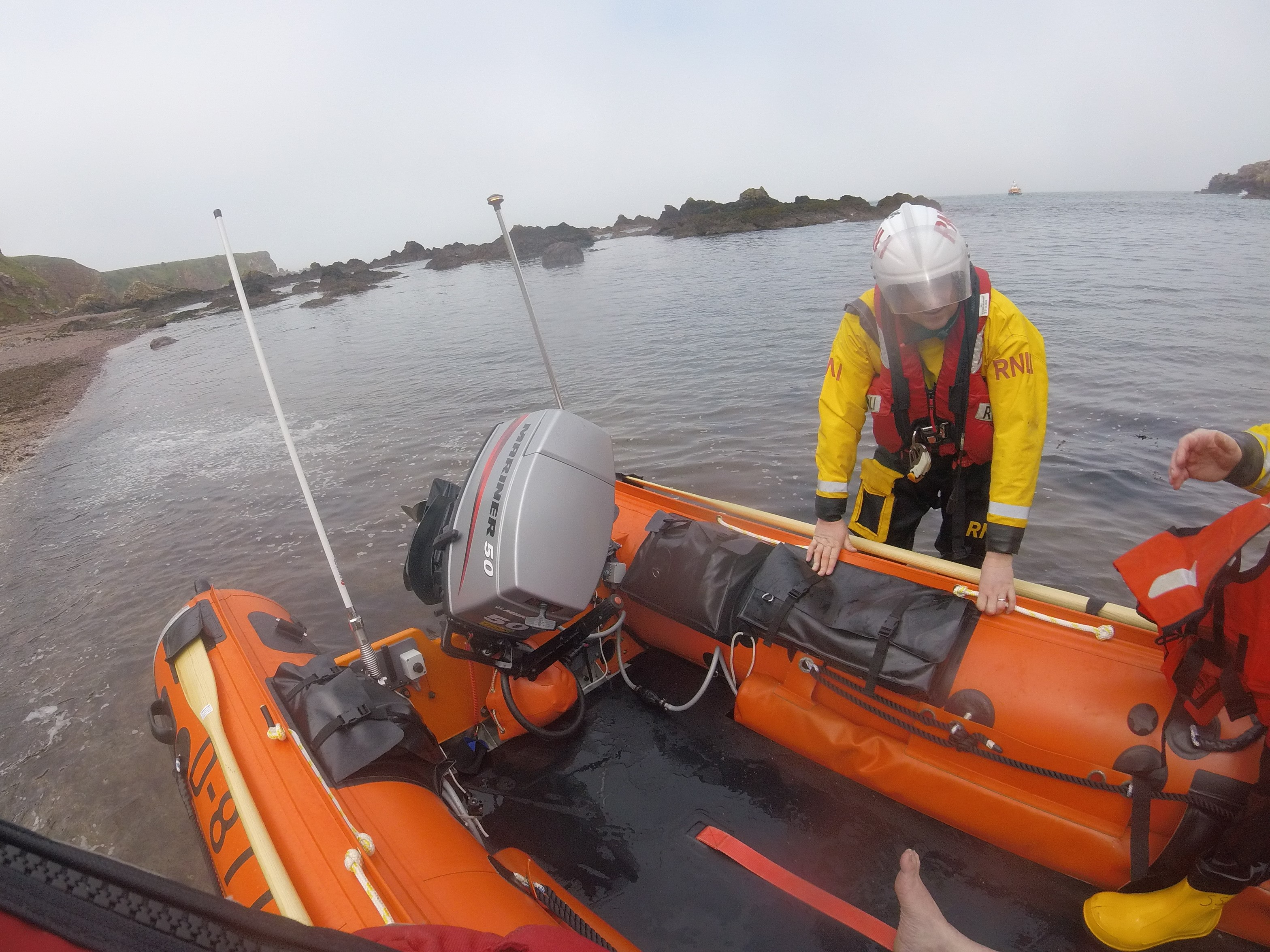 Eyemouth RNLI volunteer crew use new inshore boat 'Sheila' to evacuate an injured man from Killiedraughts bay.