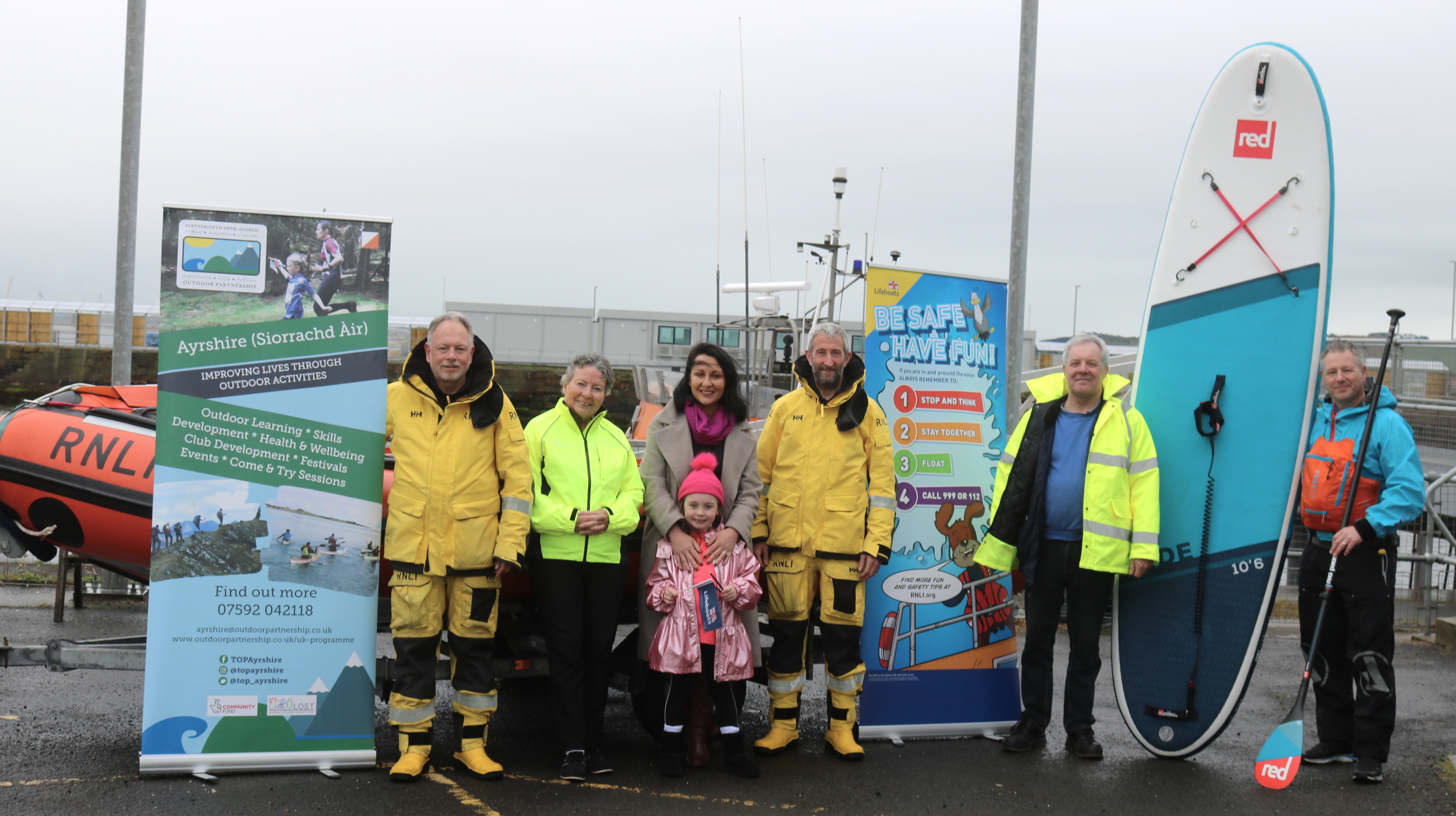 Participants at the SUP Safer launch Siobhian Brown MSP were Vince McWhirter, the Outdoor Partnership, Craig Lawless Adventure Paddle Co, Matt Pearce, Urda Cotter and Jim Redmond, on behalf of Troon lifeboat station.