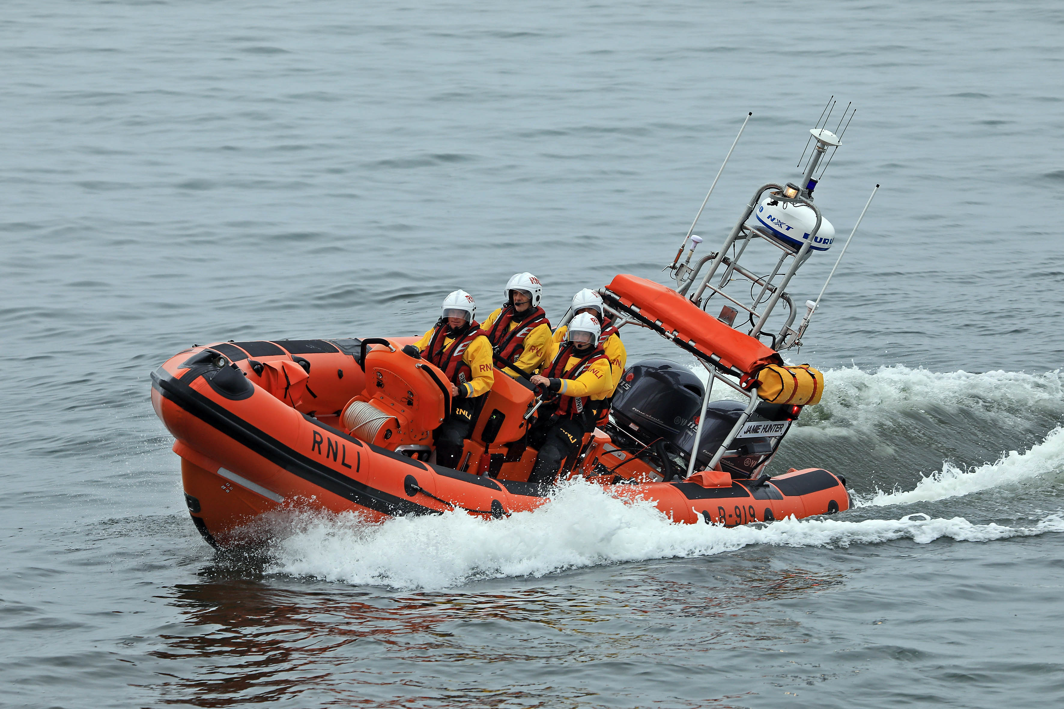 Stonehaven Atlantic 85 inshore lifeboat Jamie Hunter B-919 launching on exercise.