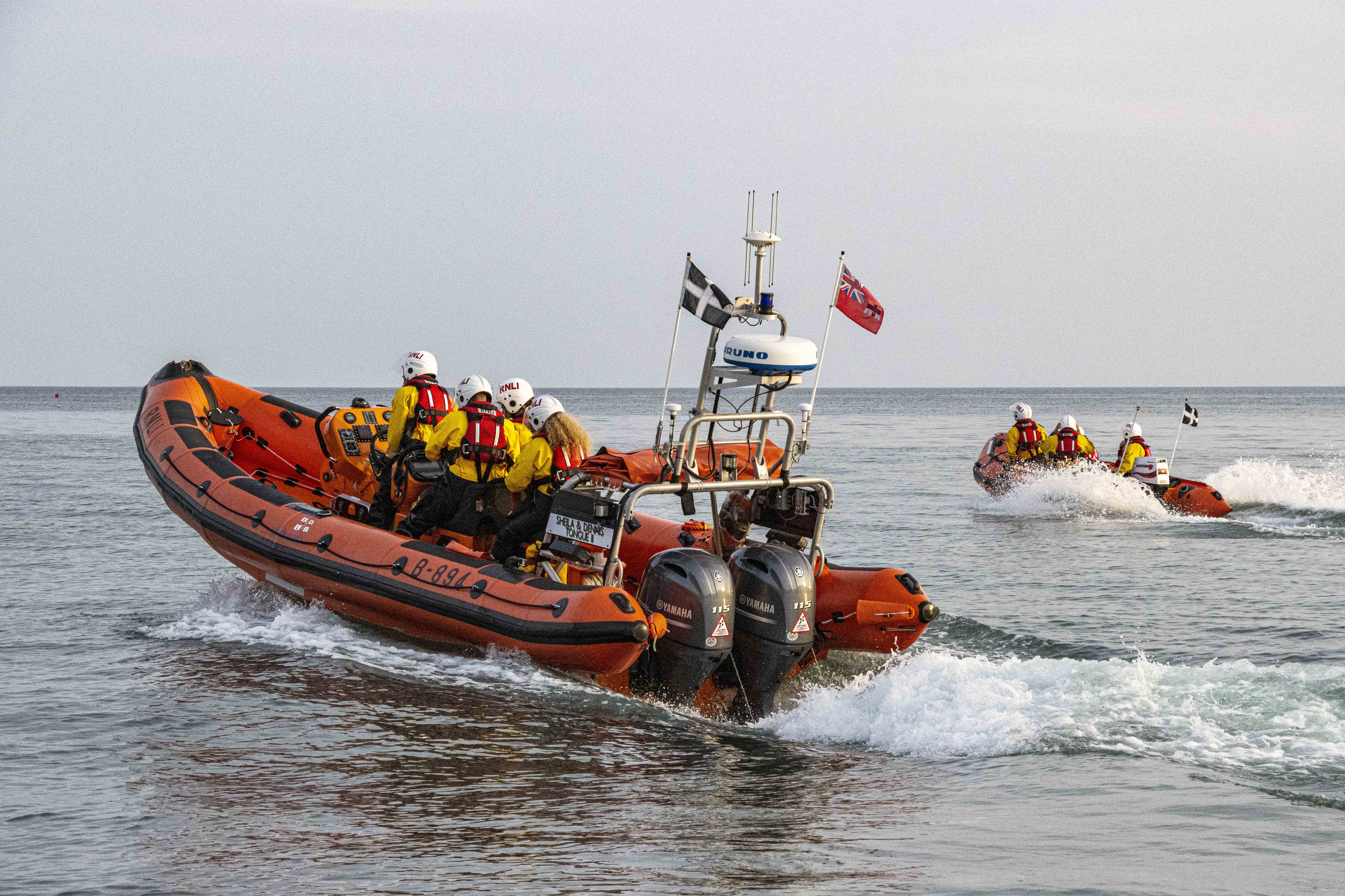 Looe RNLI Atlantic 85 Sheila and Dennis Tongue II and D Class Ollie Naismith II leaving Seaton
