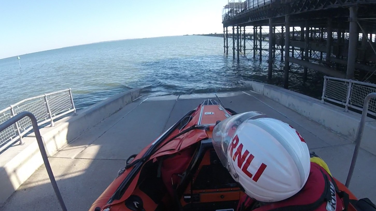 Southend RNLI inshore lifeboat D-818 Len Thorne GM DFC being launched from RNLI slipway