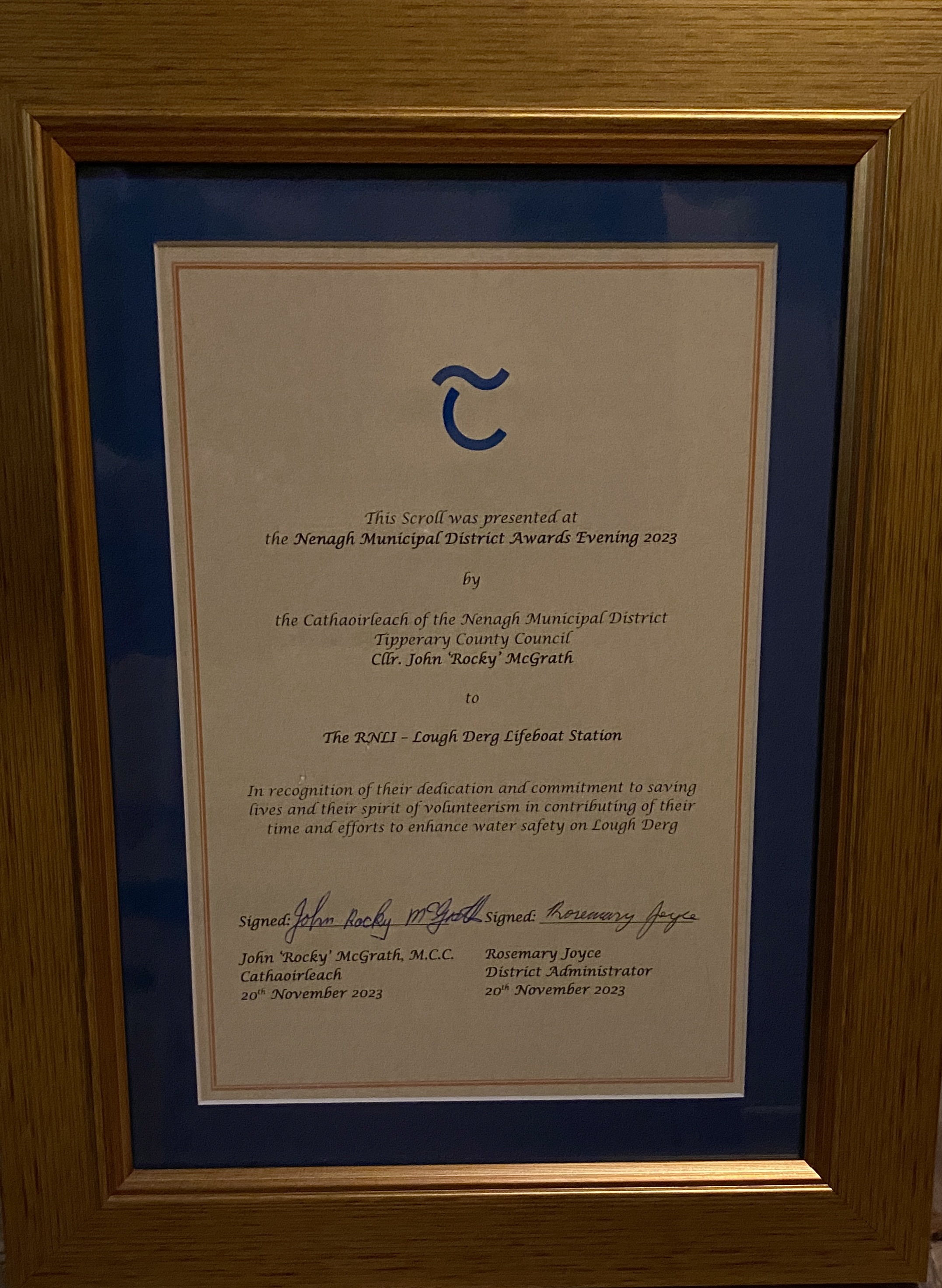 Framed scroll awarded to volunteers at Lough Derg RNLI 