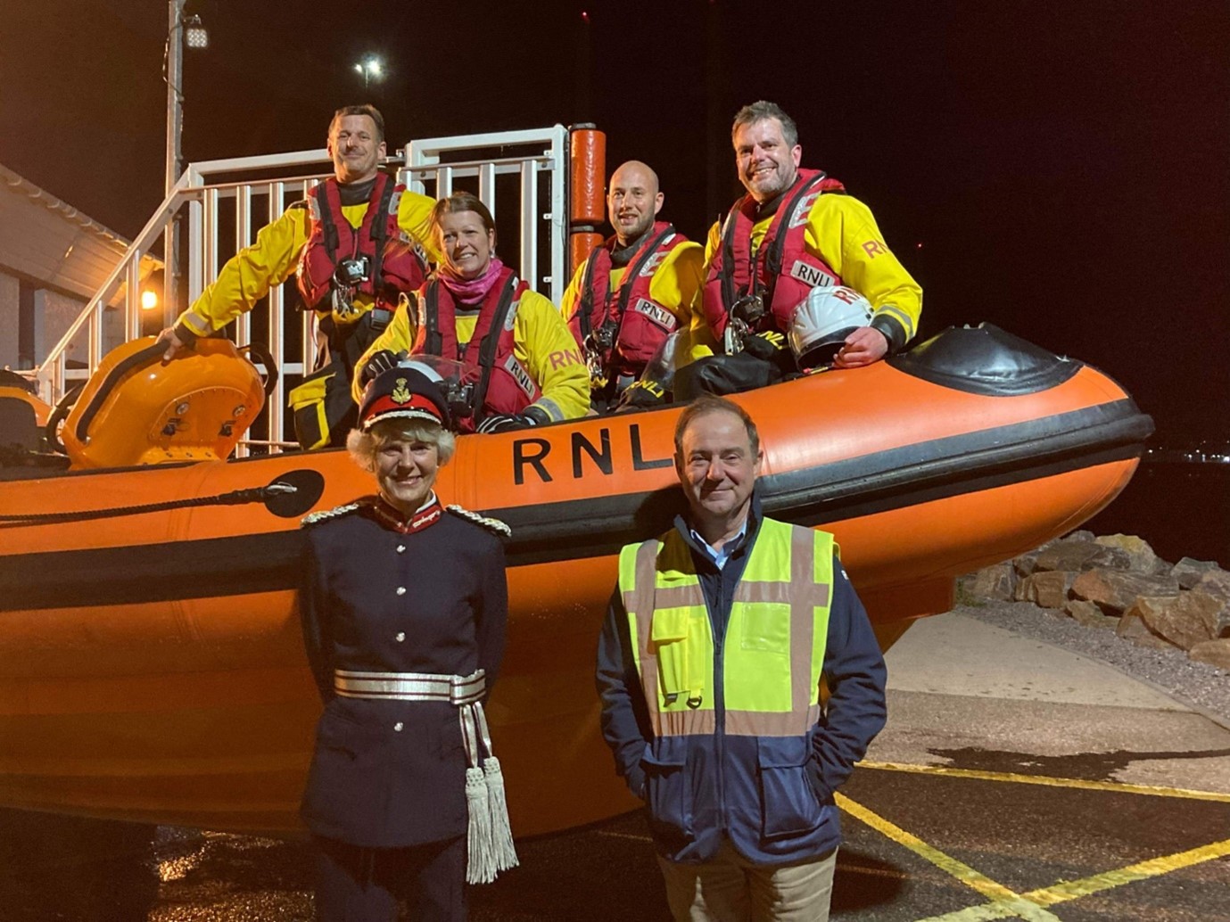 Photo of the boat crew, LOM and Lord Lieutenant by the Kessock lifeboat.