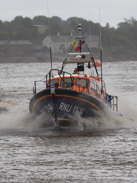 Fleetwood Shannon class lifeboat Kenneth James Pierpoint 13-14 at sea during a demonstration for Fleetwood RNLI open Day 2023.