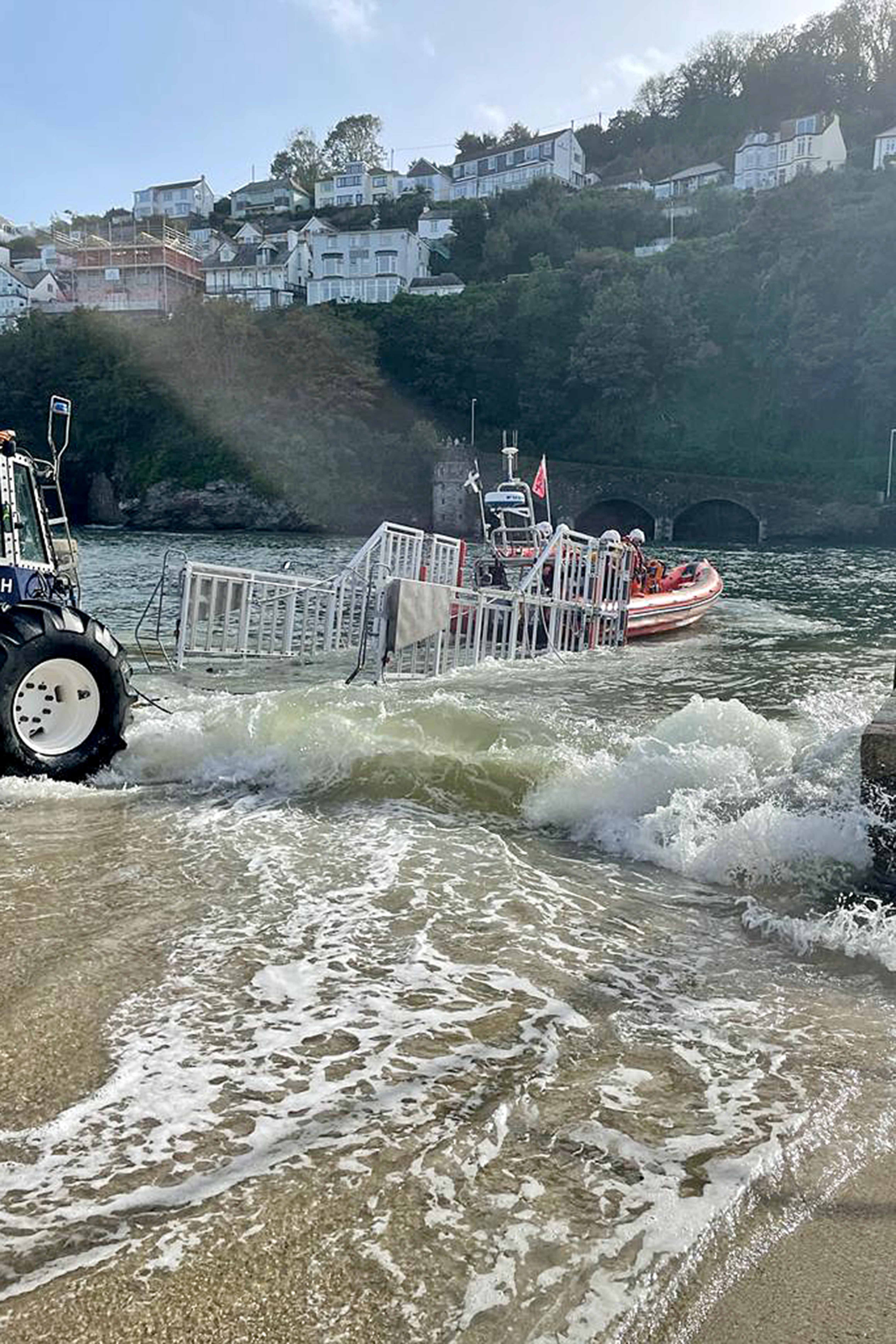 High tide recovery of Looe RNLI Atlantic 85 Sheila and Dennis Tongue II