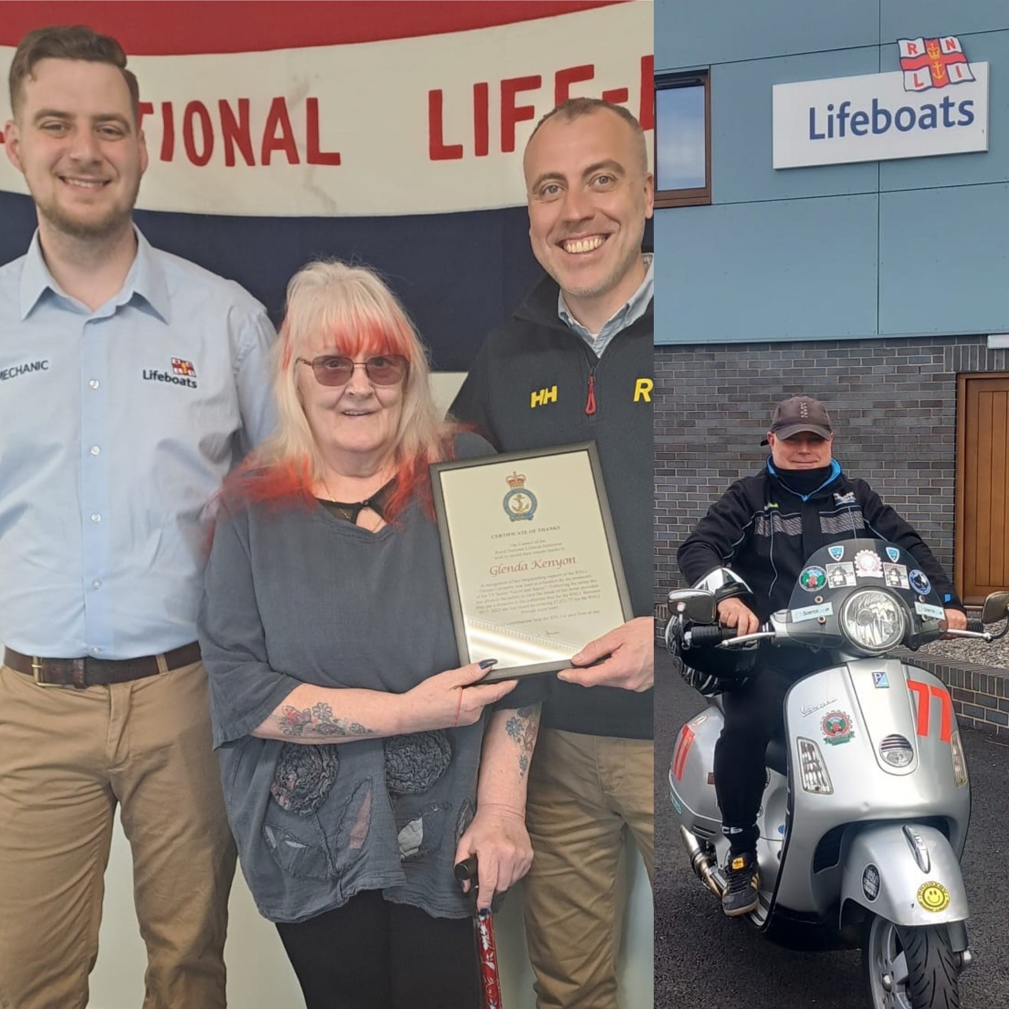 Glenda Kenyon presented with a framed certificate and Jason Ude outside Barry Dock lifeboat station