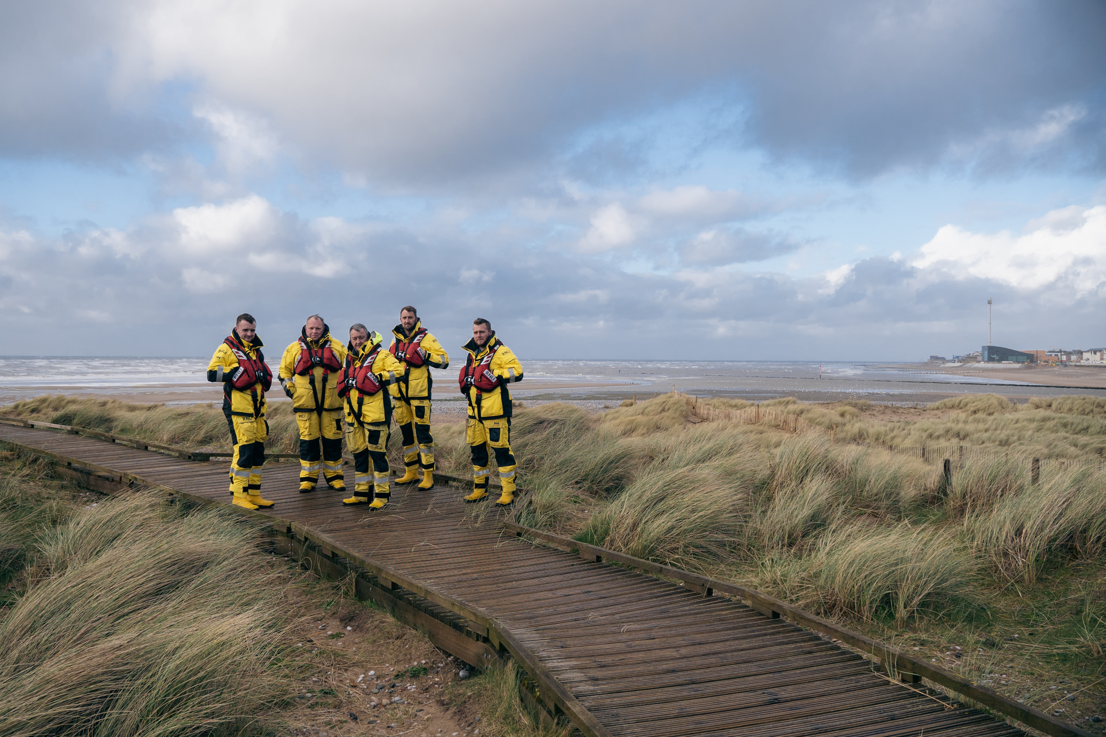 RNLI Rhyl Lifeboat Crew L-R Lewis Cox, Paul Archer-Jones, Martin Jones, Andrew Wilde, Dougie Lonsdale