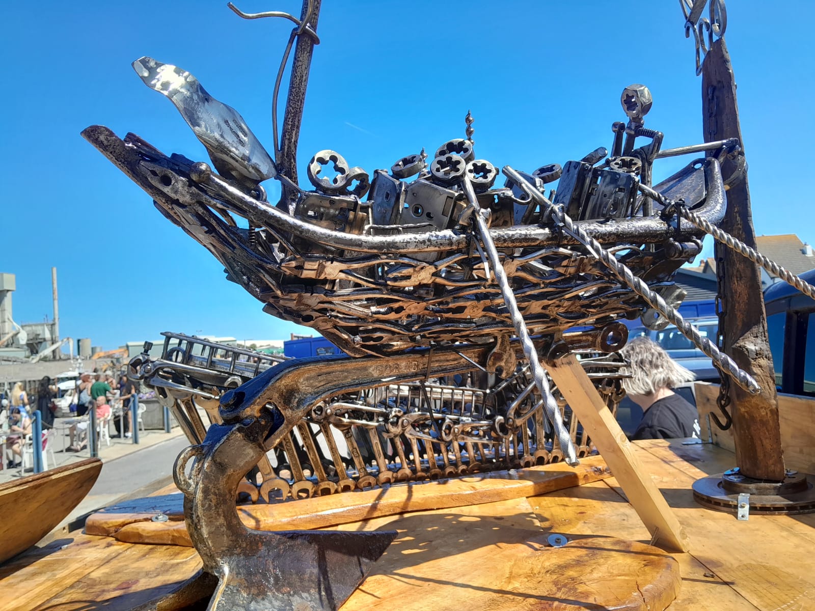 Robbie and Libby Packman's rowing lifeboat lifeboat sculpture in the car park of Whitstable harbour on Sunday.