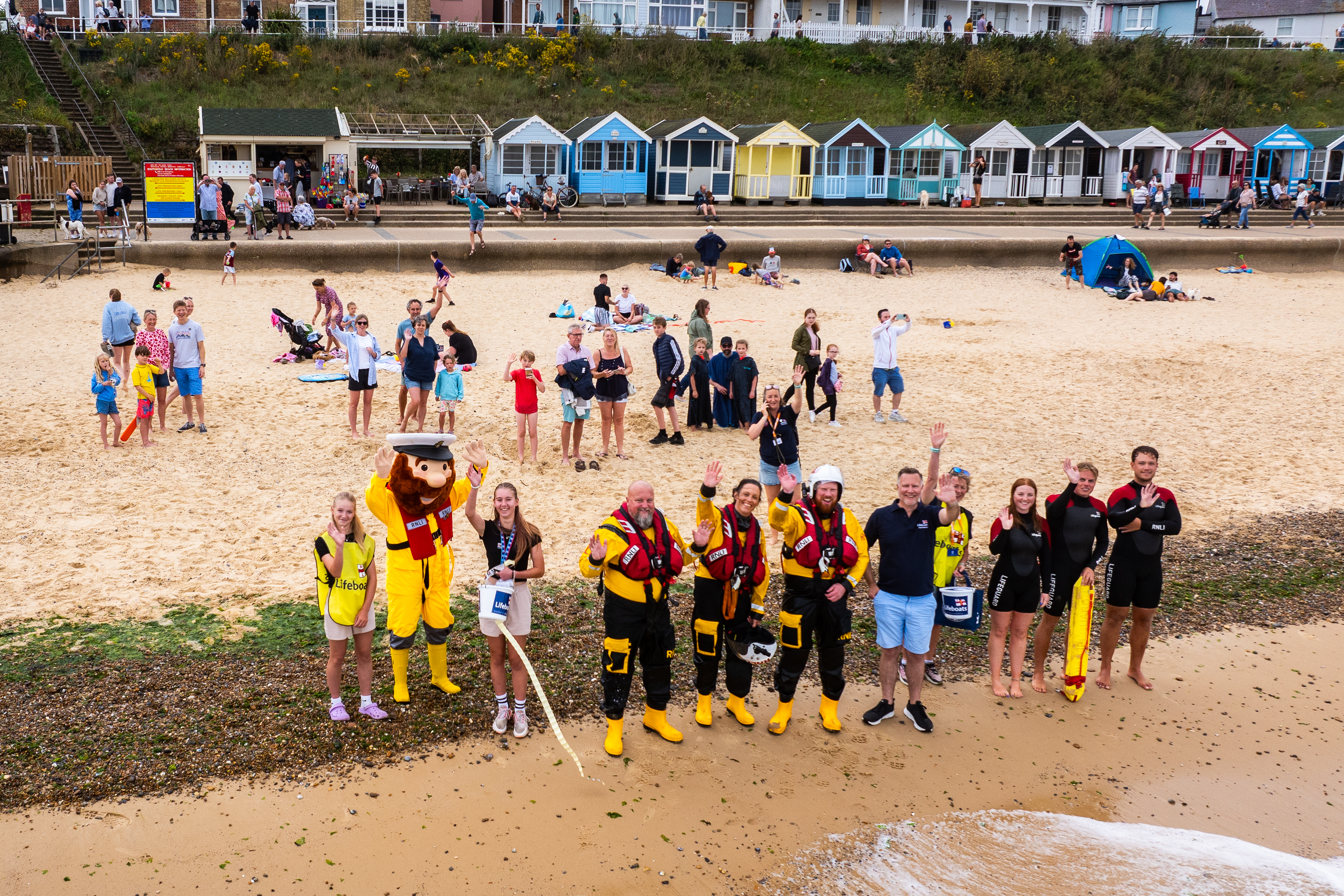 Stormy Stan on Southwold Beach with Lifeboat Crew, Lifeguards and Fundraisers.