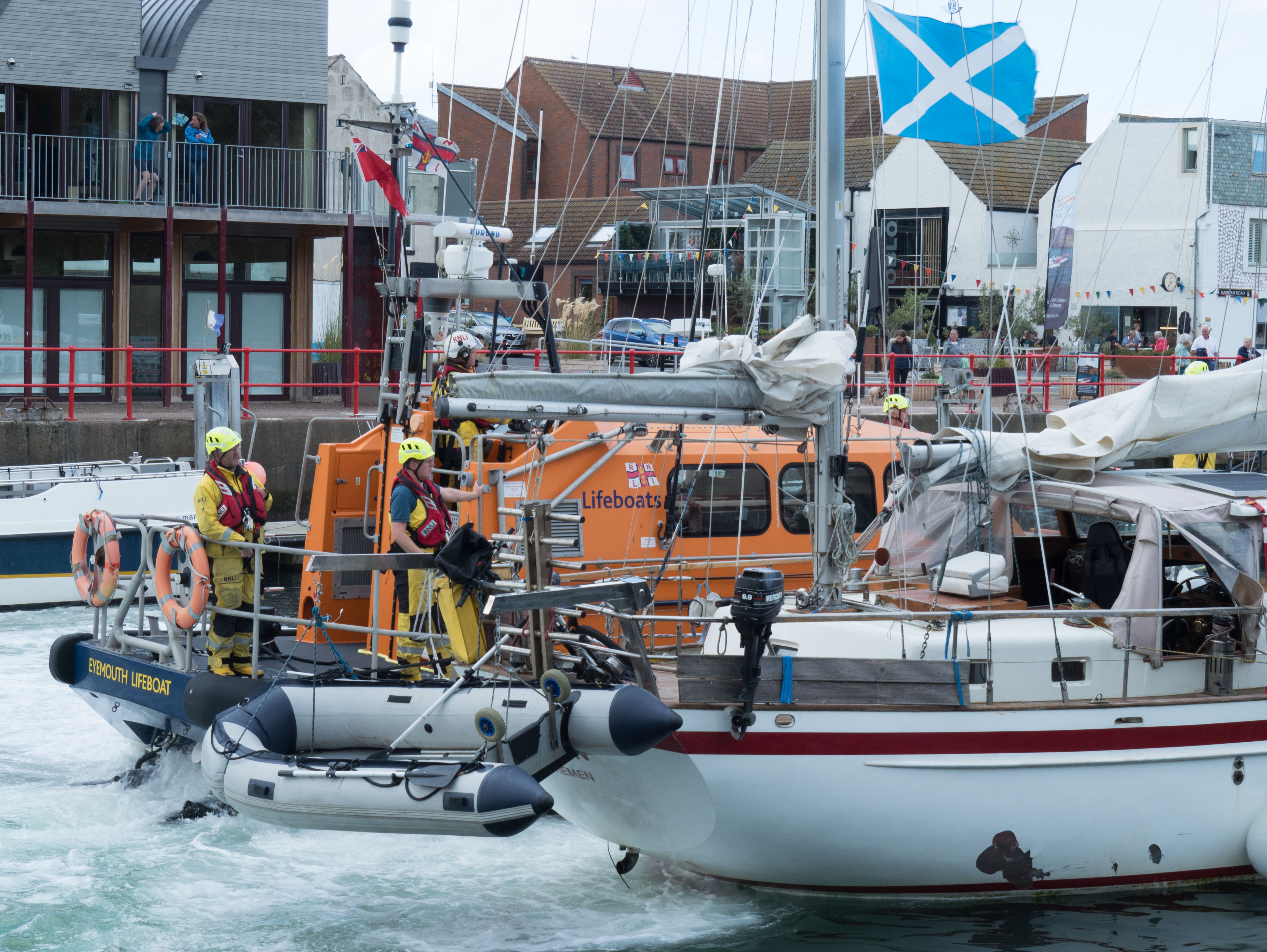 The yacht was towed into Eyemouth harbour by the RNLI lifeboat crew after it suffered engine failure while close to the Hurkar rocks near the harbour entrance.