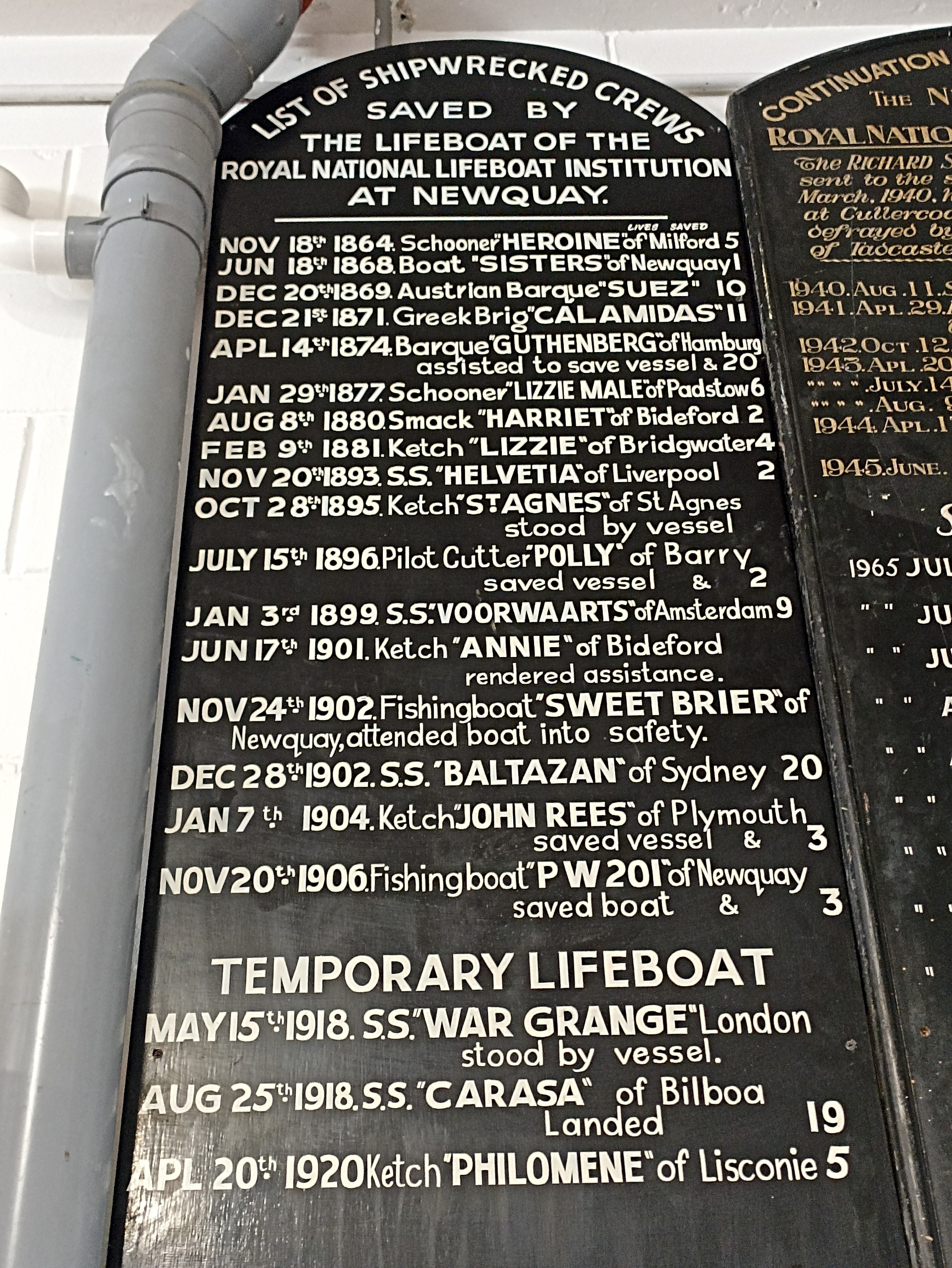 RNLI service board listing the first rescues performed by Newquay lifeboat crew after the station opened in 1860.