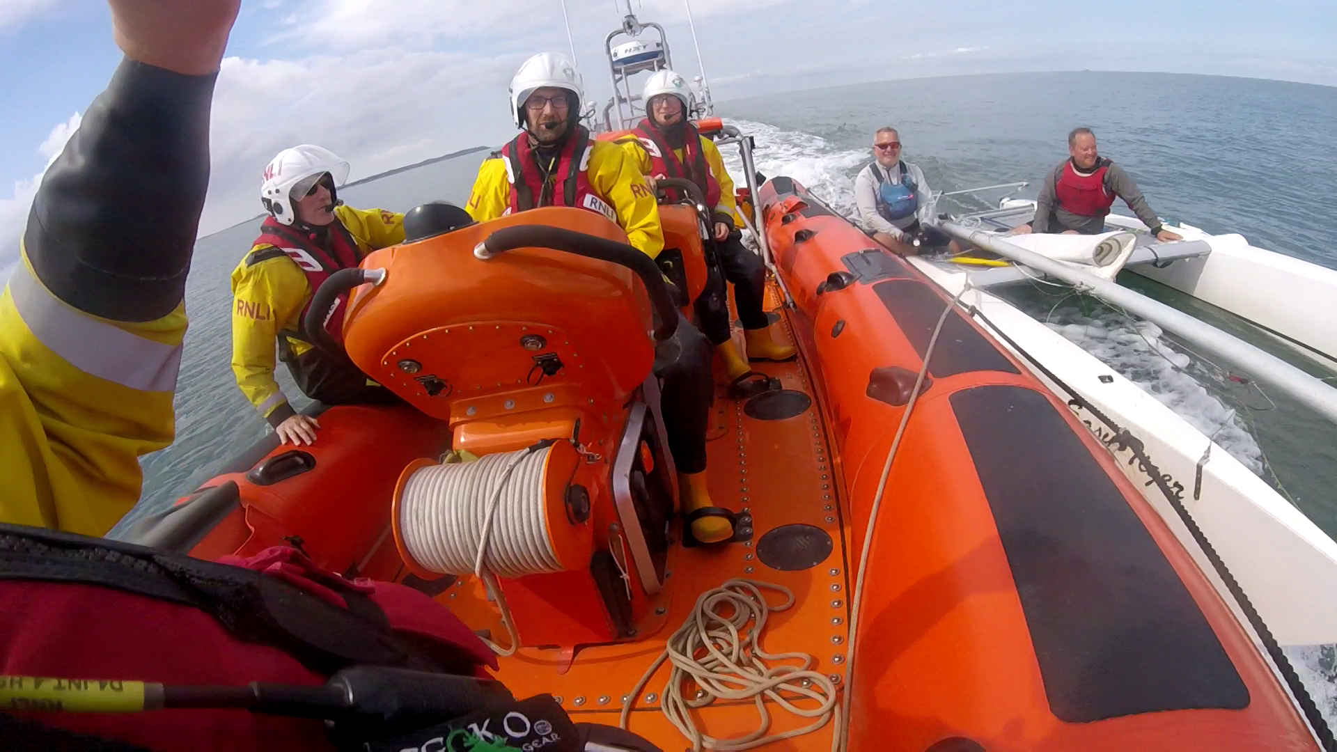 The dismasted catamaran alongside the Whitstable lifeboat on Friday afternoon.