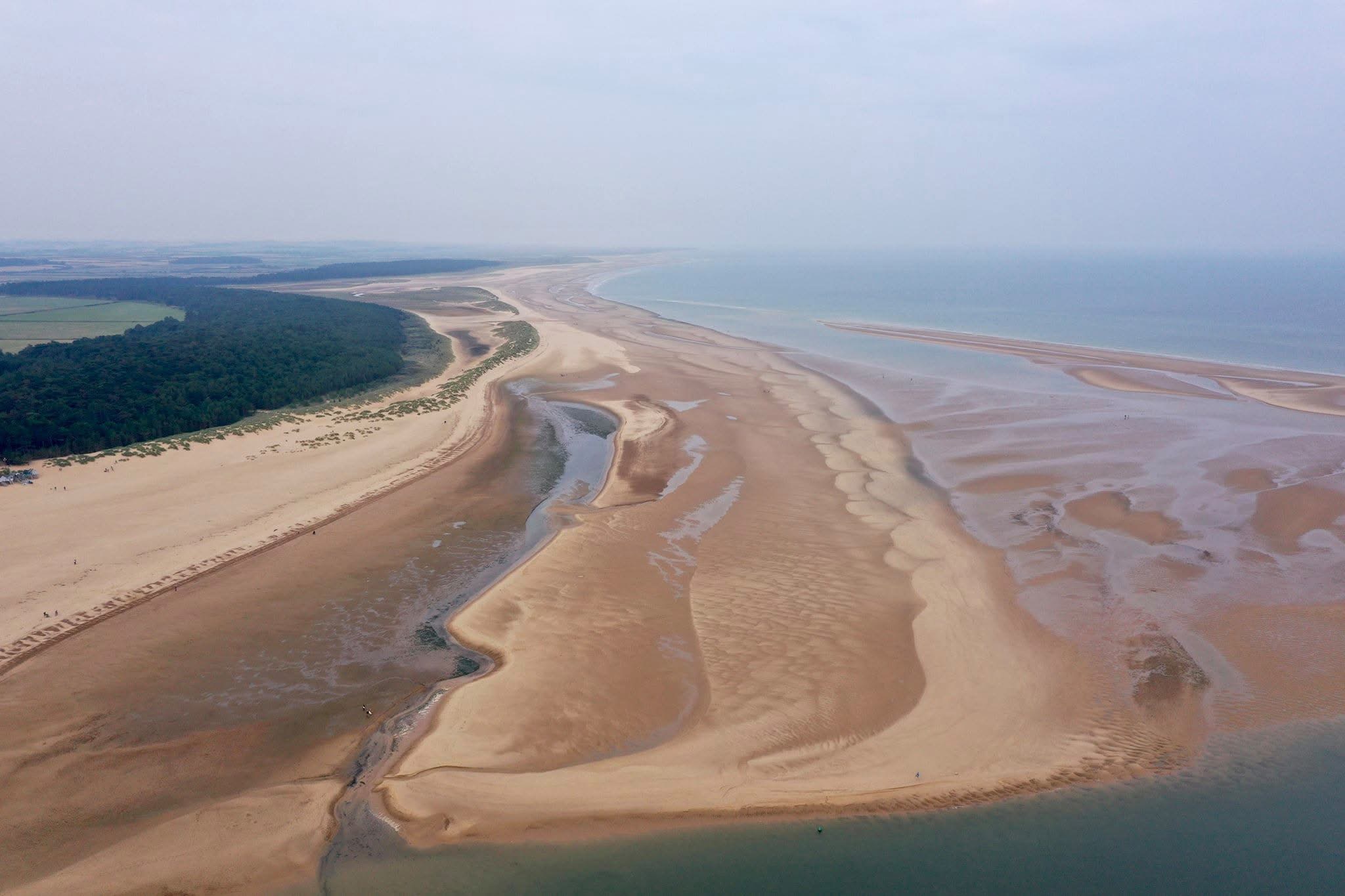 Drone picture of sand banks where most tidal cut offs happen at Wells Beach
