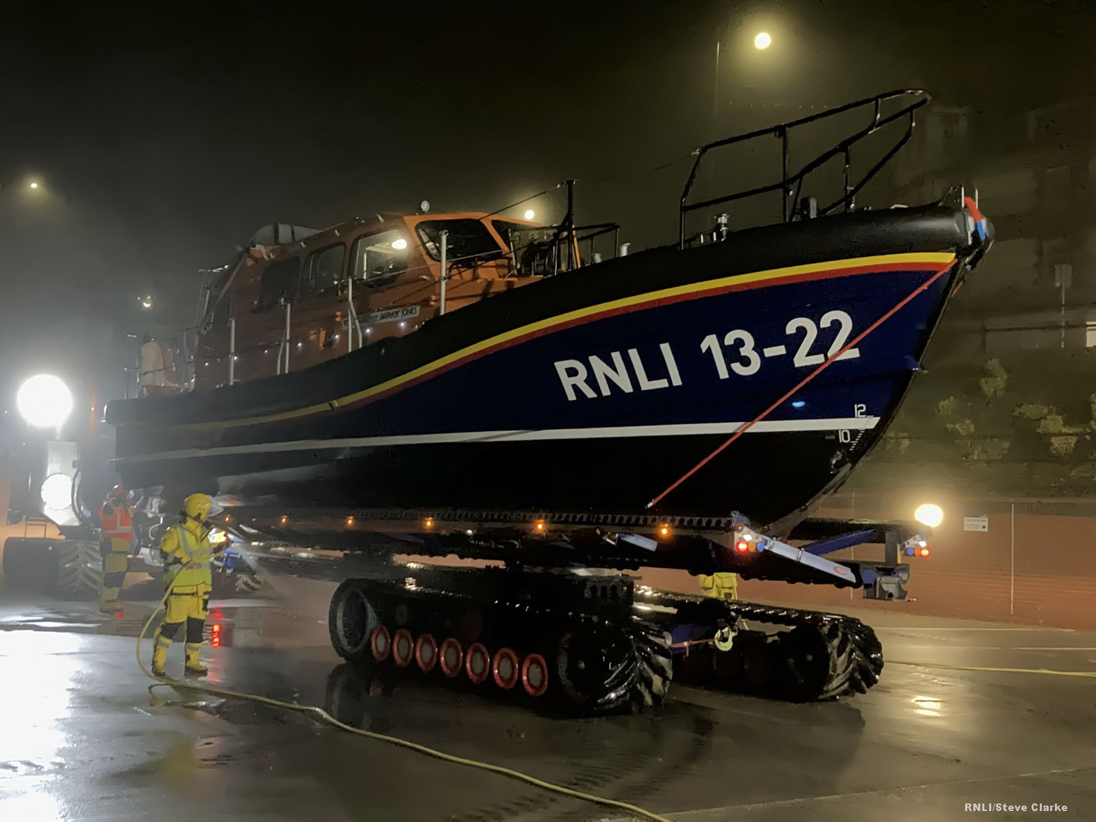 Bridlington RNLI All Weather Boat 'Antony Patrick Jones' wash down after recovery.