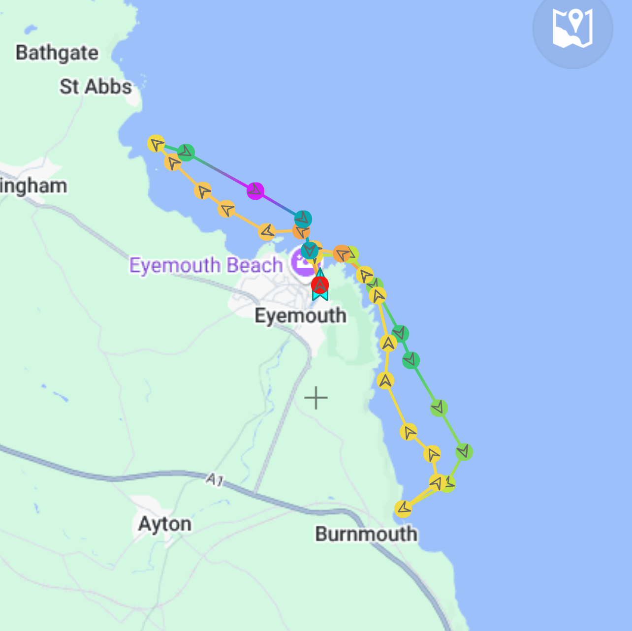A picture of the search pattern by Eyemouth RNLi lifeboats after a digital distress signal was received by the Coastguard