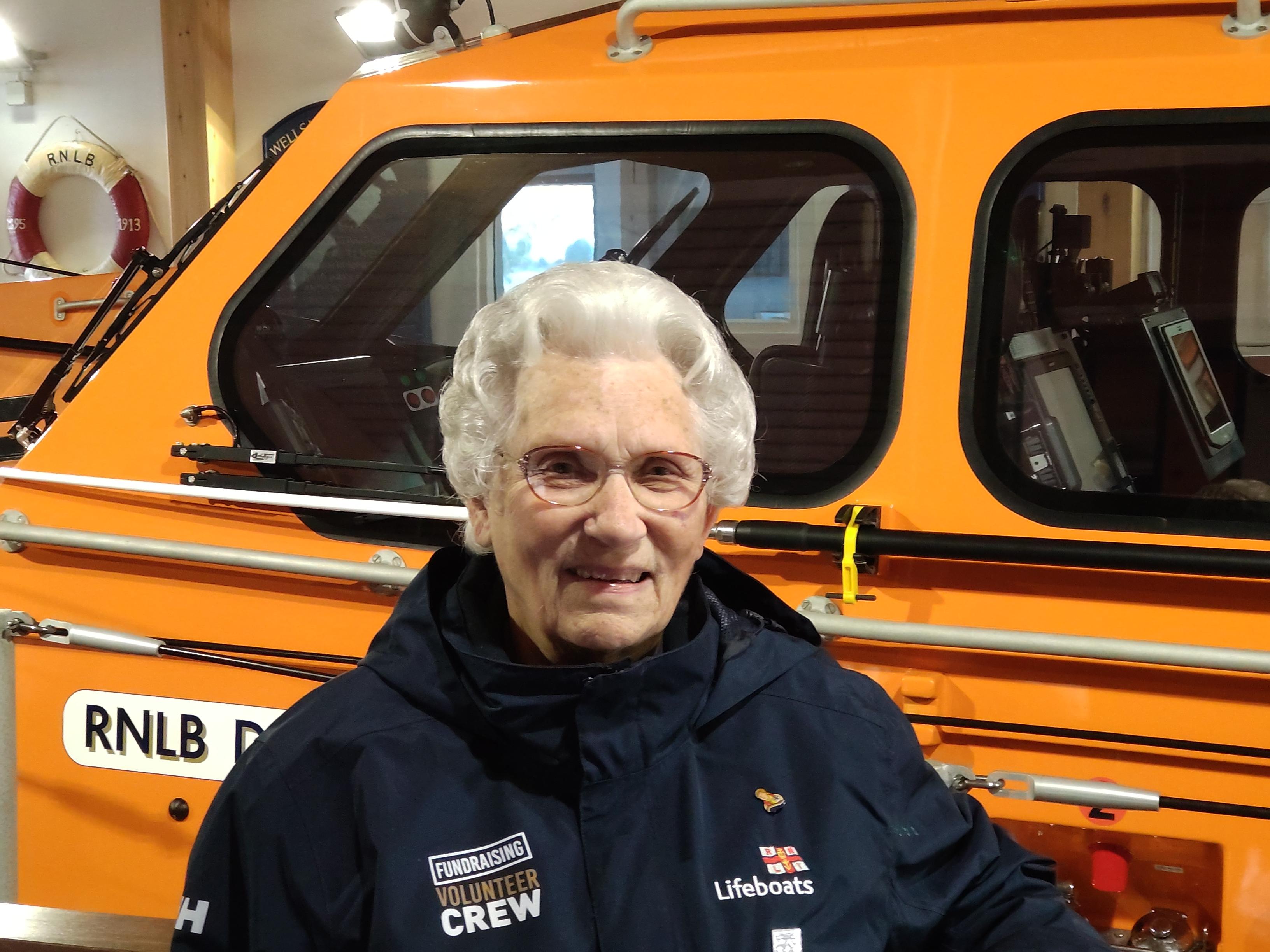 Sheila Warner MBE Wells Lifeboat Station with Shannon class lifeboat ‘ Duke of Edinburgh’
