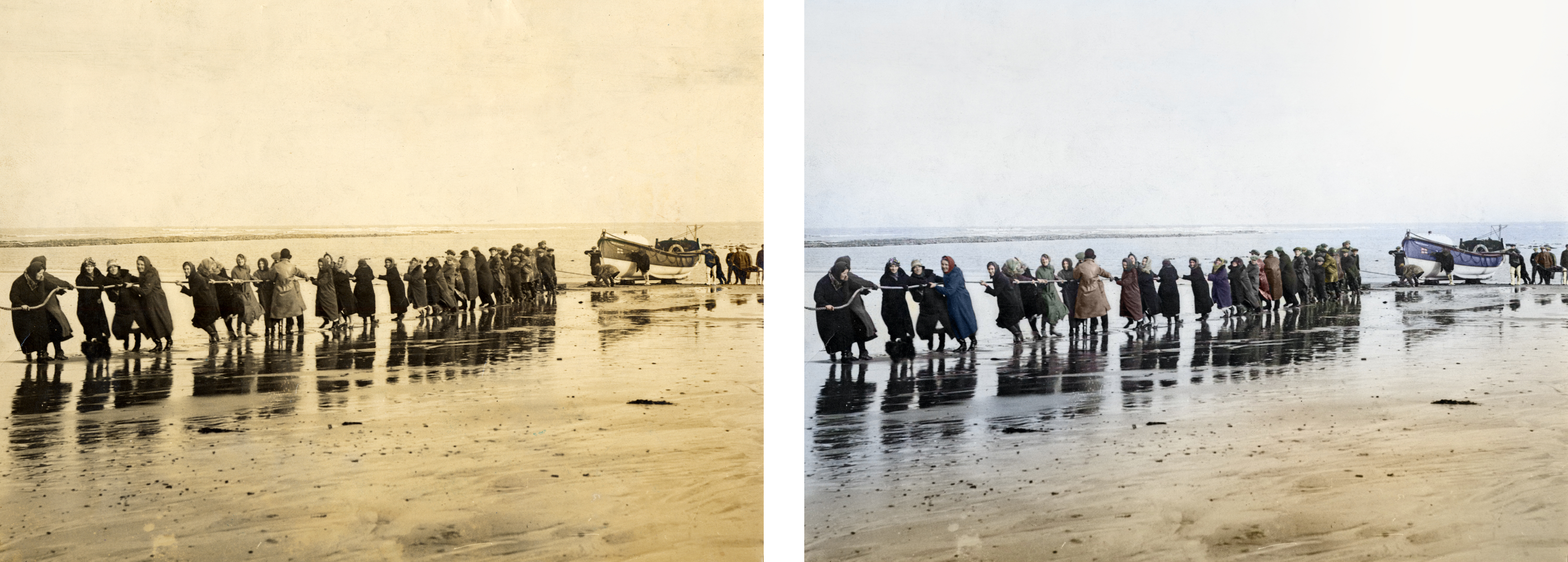 Black and white image on left in comparison to colourised image on the right. Depicting a line of women hauling boat ashore.