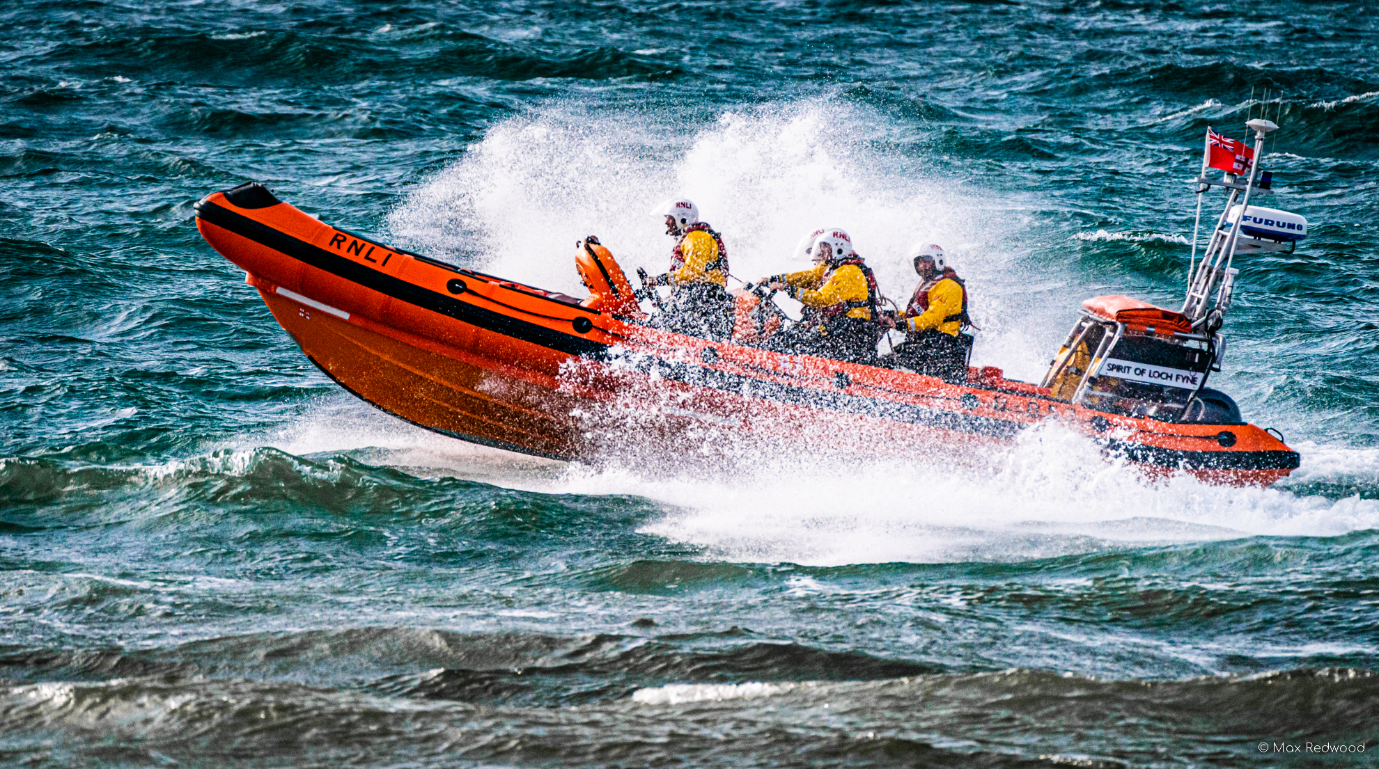Photo shows Atlantic 85 lifeboat at sea in rough weather