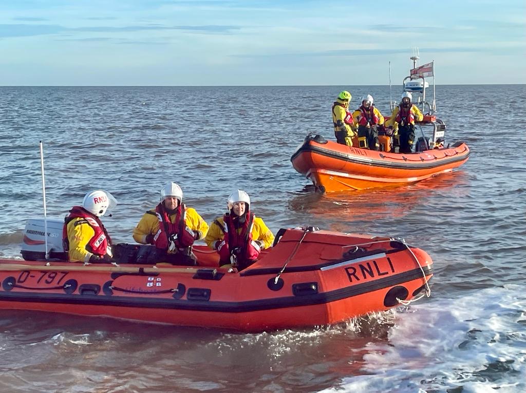 RNLI Wells and RNLI Hunstanton D class lifeboat Peter Wilcox and B class Spirit of West Norfolk on joint training exercise 28 January 2024