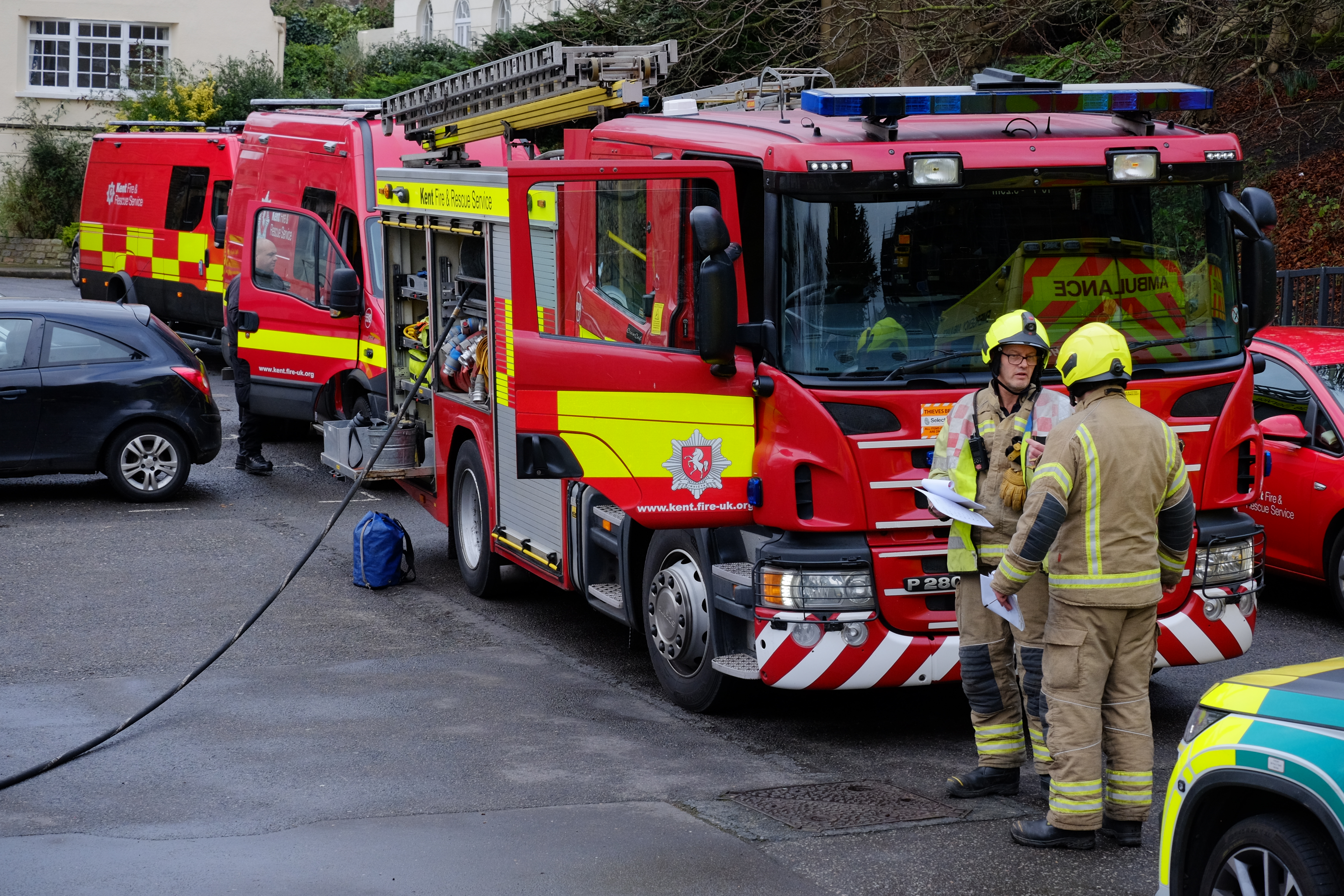 Kent Fire and Rescue Service fire trucks arrived and parked up