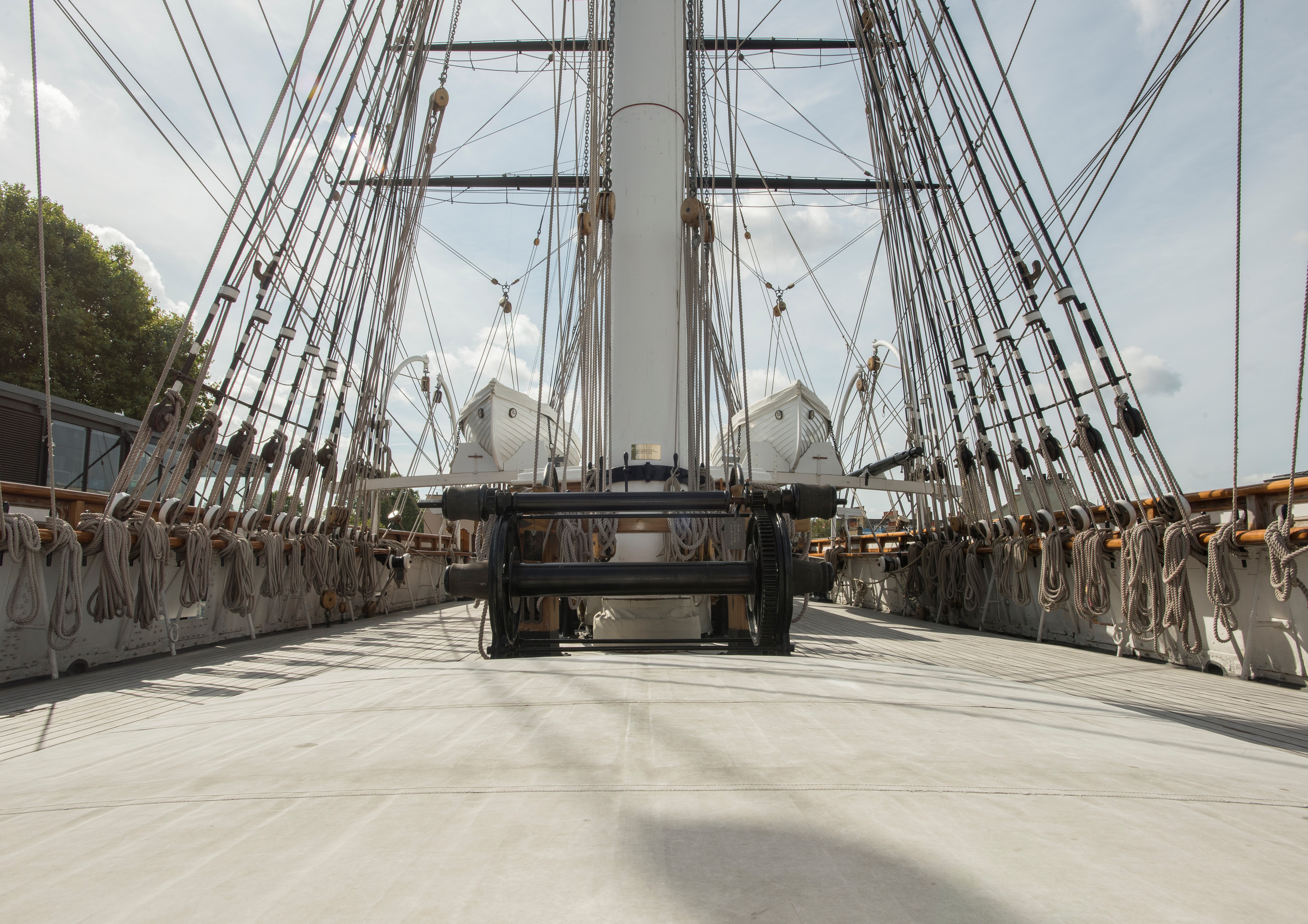 Onboard the Cutty Sark with its two lifeboats in the background