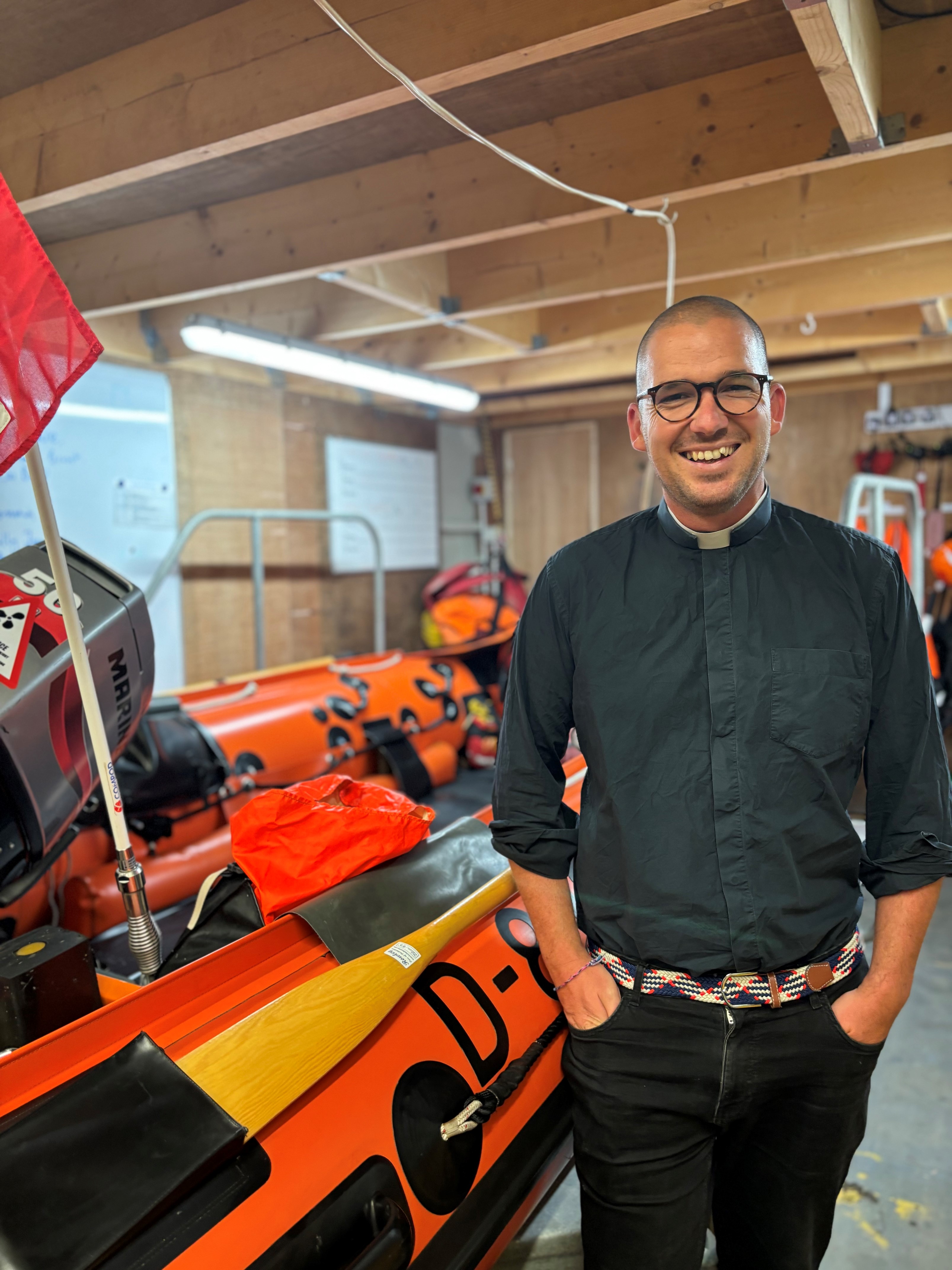 Reverend Craig Philbrick in the boathouse at Weston-super-Mare RNLI, July 2024.