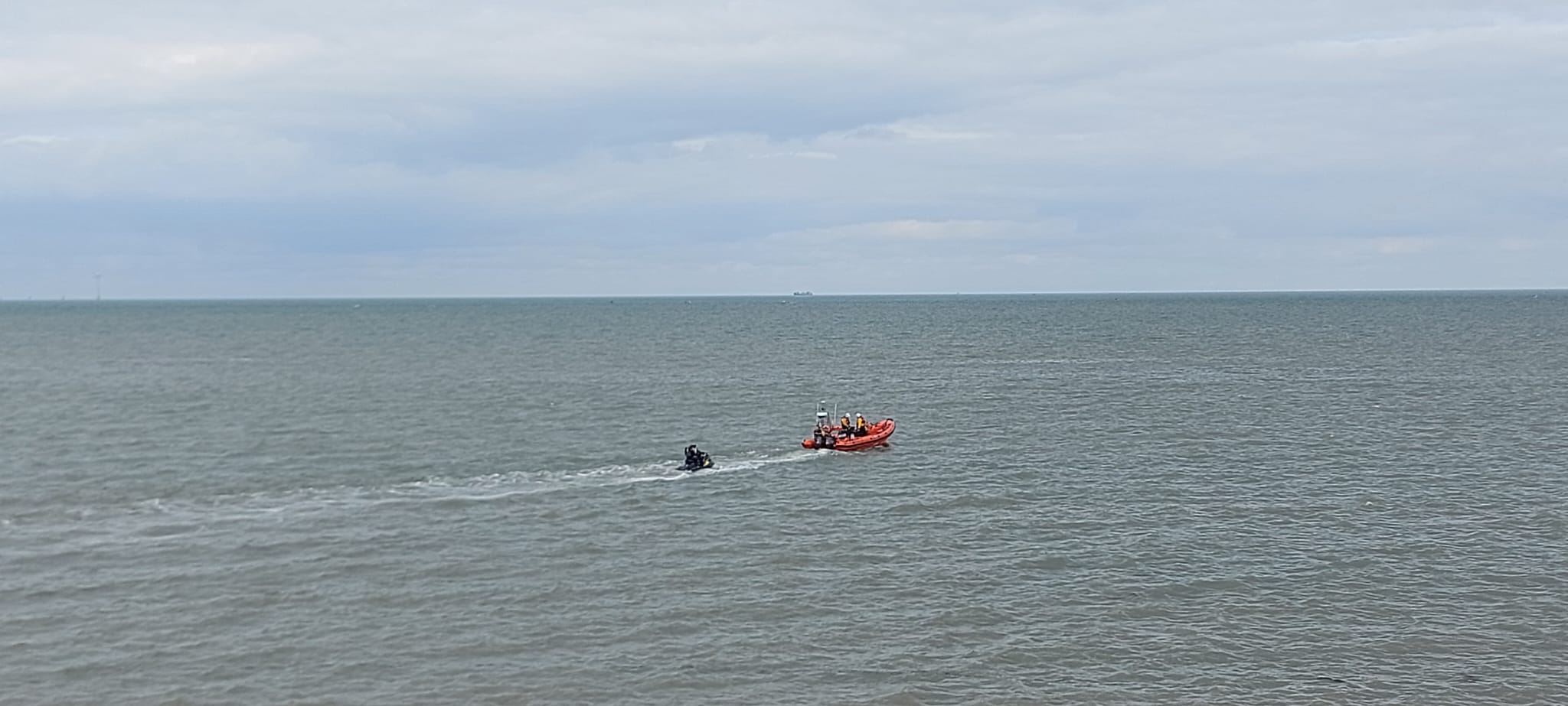 The Whitstable RNLI B-class lifeboat Lewisco with the jet ski under tow after it broke down off Reculver on Saturday afternoon.
